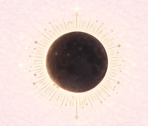 A solar eclipse illustration with the moon blocking the sun, surrounded by golden rays and stars.
