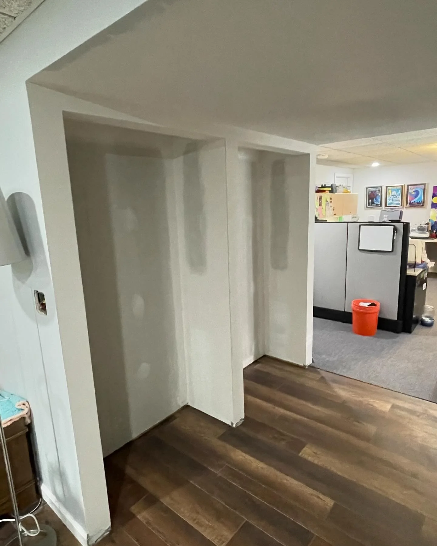 A customer reached out to us and needed some help with finishing their bathroom &amp; wanted to turn 2 closets into 4 future book cases! We framed hung and taped!