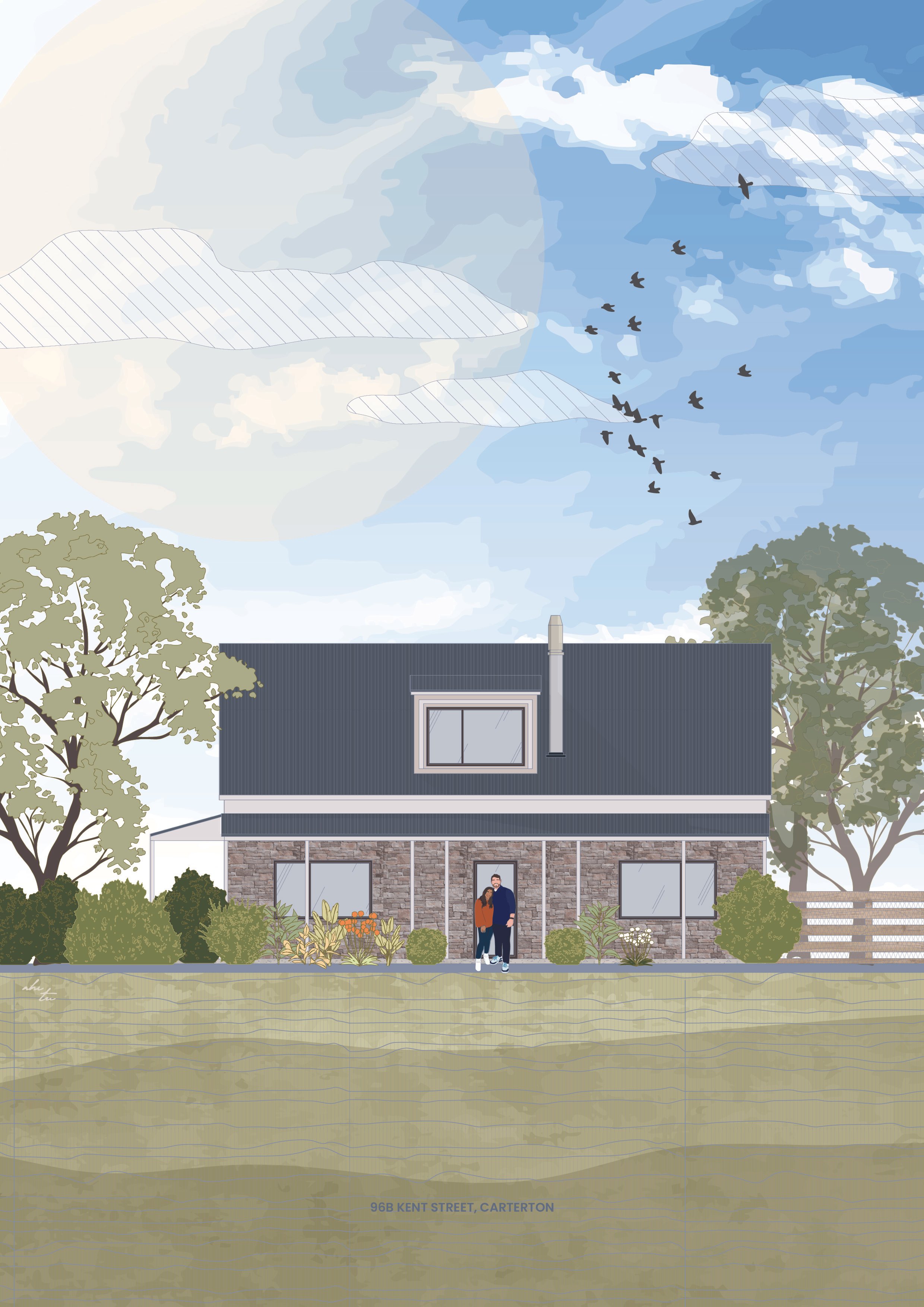 Digital illustration of a modern two-story house with a brick and metal exterior, surrounded by trees and bushes. Two people stand at the front door. The sky features large clouds and a flock of birds flying.