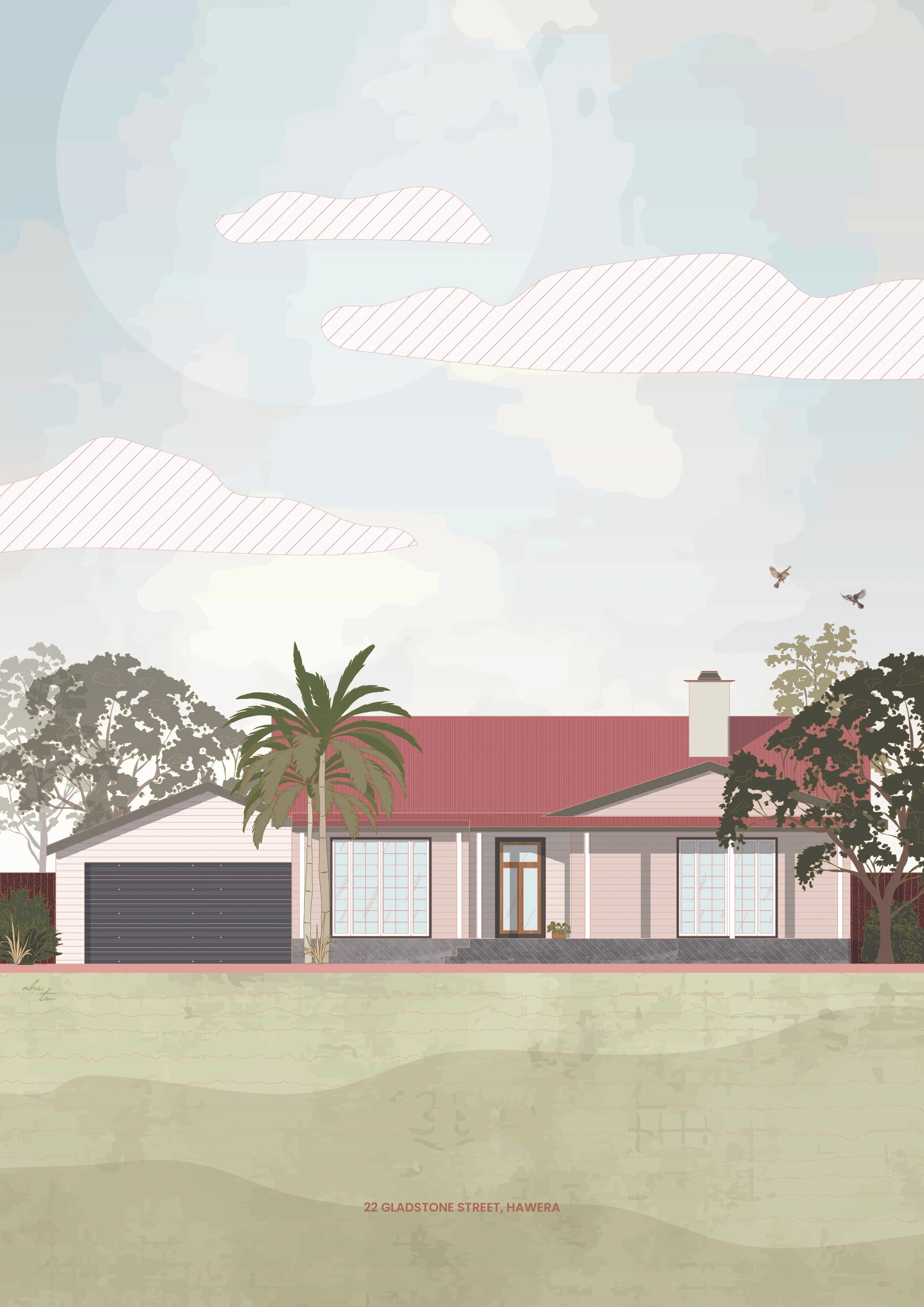 Illustration of a single-story house with a red roof, large windows, a central front door, surrounded by trees including a palm tree, set against a sky with clouds and flying birds, with text at the bottom reading '22 Gladstone Street, Hawera.'