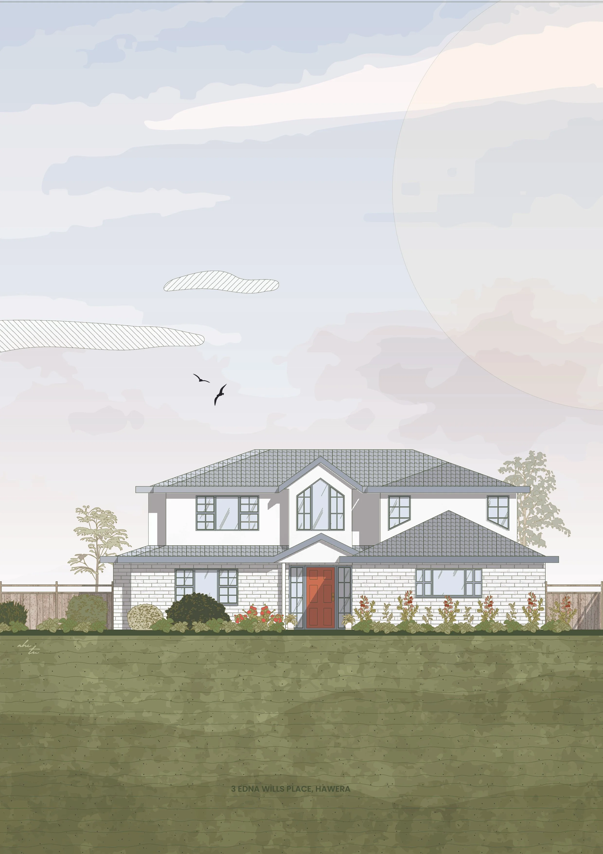 Illustration of a two-story house with a garden in front, surrounded by a fence, under a sky with clouds and birds.