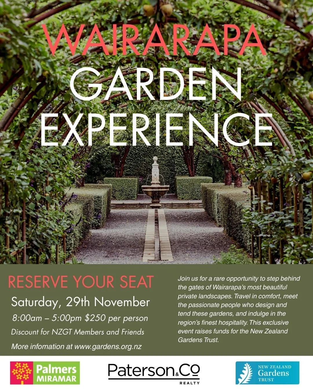 * Bus pick up in Wellington and Featherston 
* Fully Catered
* Meet the garden owners and designers
*tickets on sale now
