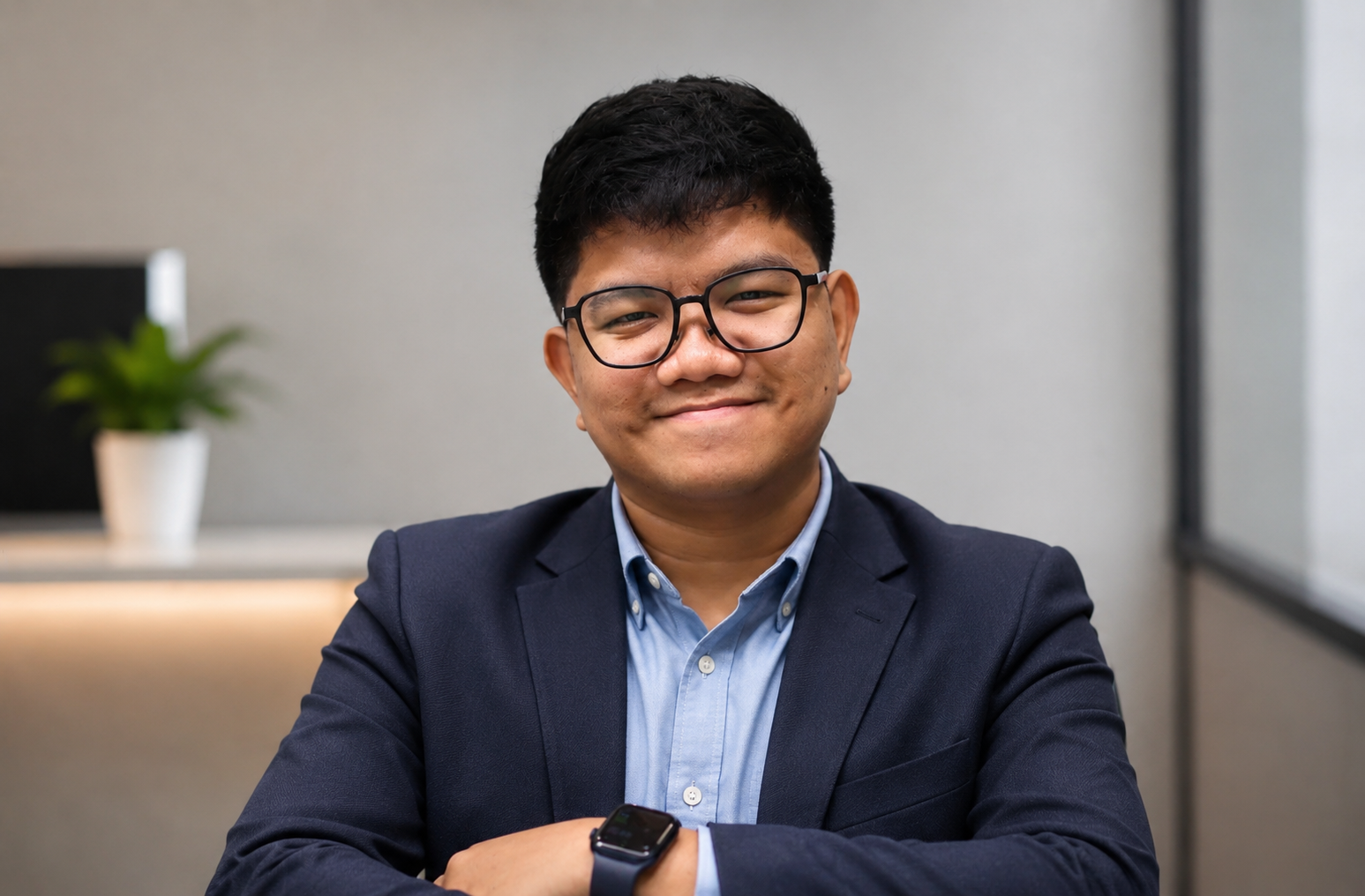 Young man with black hair and glasses, smiling with arms crossed, wearing a plaid shirt and a smartwatch, seated in front of a whiteboard in a classroom or office setting.