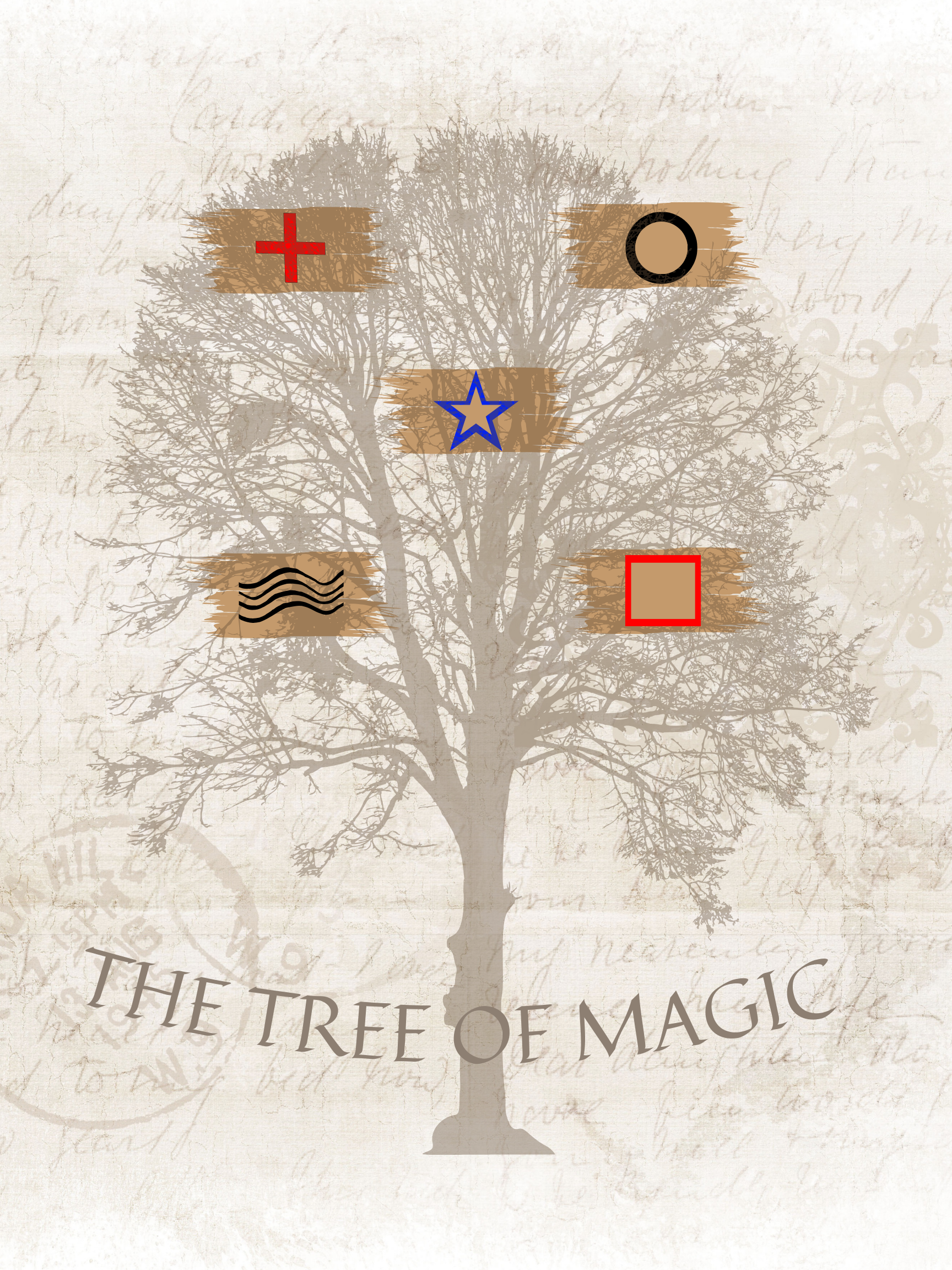 Silhouette of a tree with five symbols on the branches, including a red cross, a black circle, a blue star, black wavy lines, and a red-outlined square, with the text "The Tree of Magic" at the bottom.