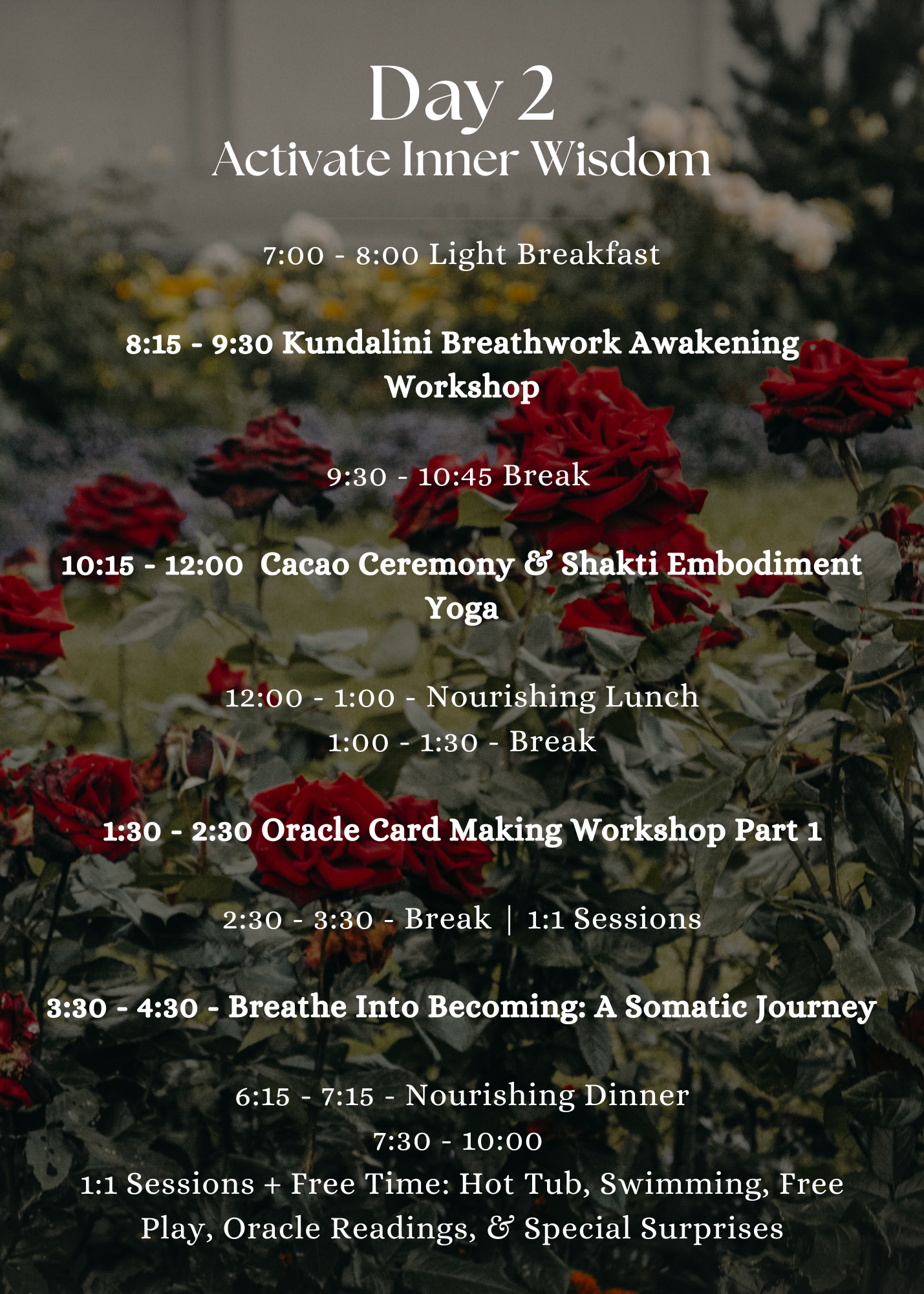 Schedule for Day 2 with activities and times on a background of red roses and greenery.