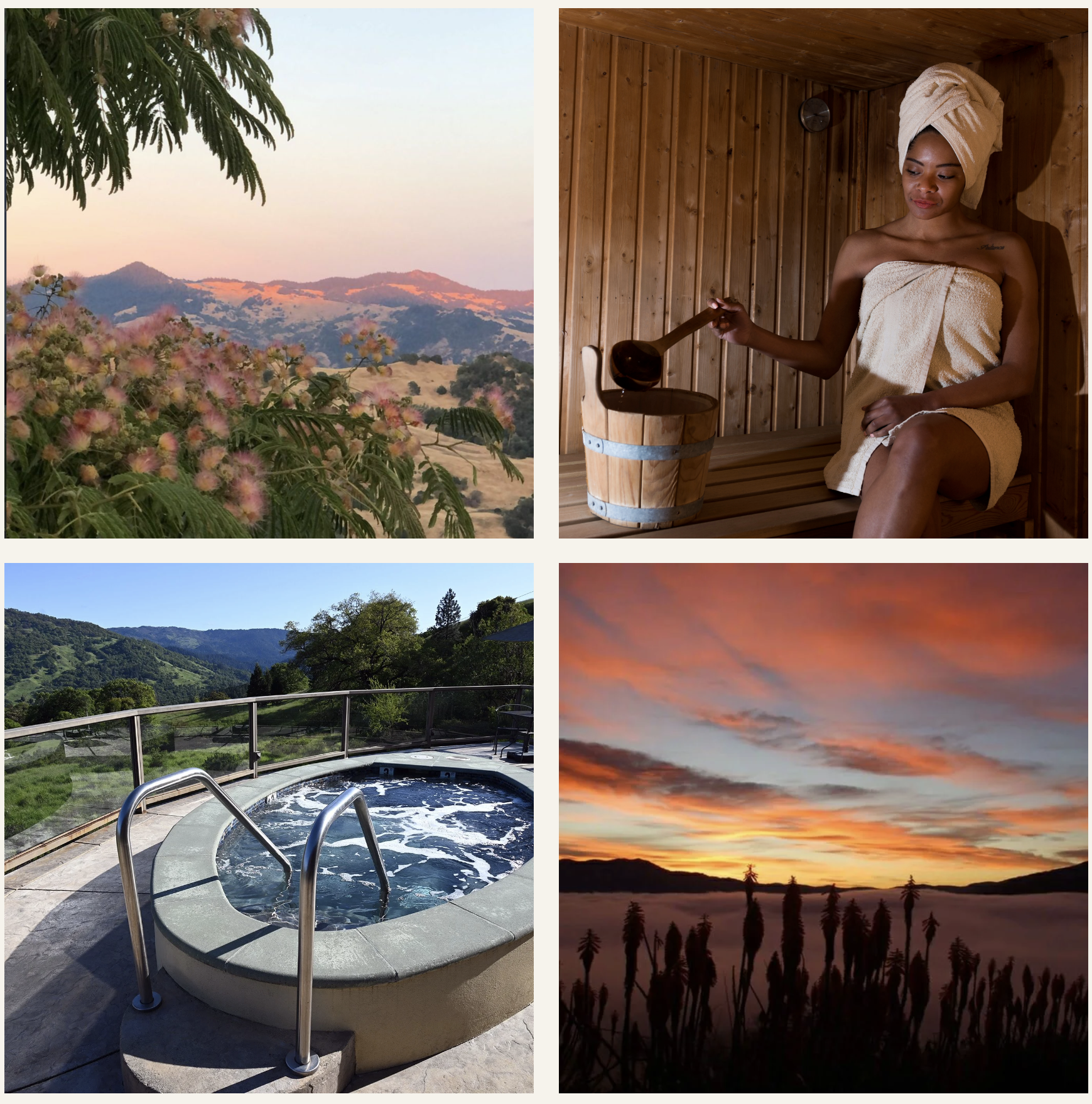 Mountain views, cedar sauna and outdoor soaking tub at a women’s wellness retreat in Southern Humboldt County, Northern California.