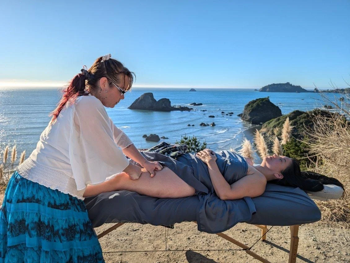 Private intuitive bodywork and somatic healing session supporting relaxation, nervous system regulation, and embodied connection at a women’s wellness retreat in Northern California.
