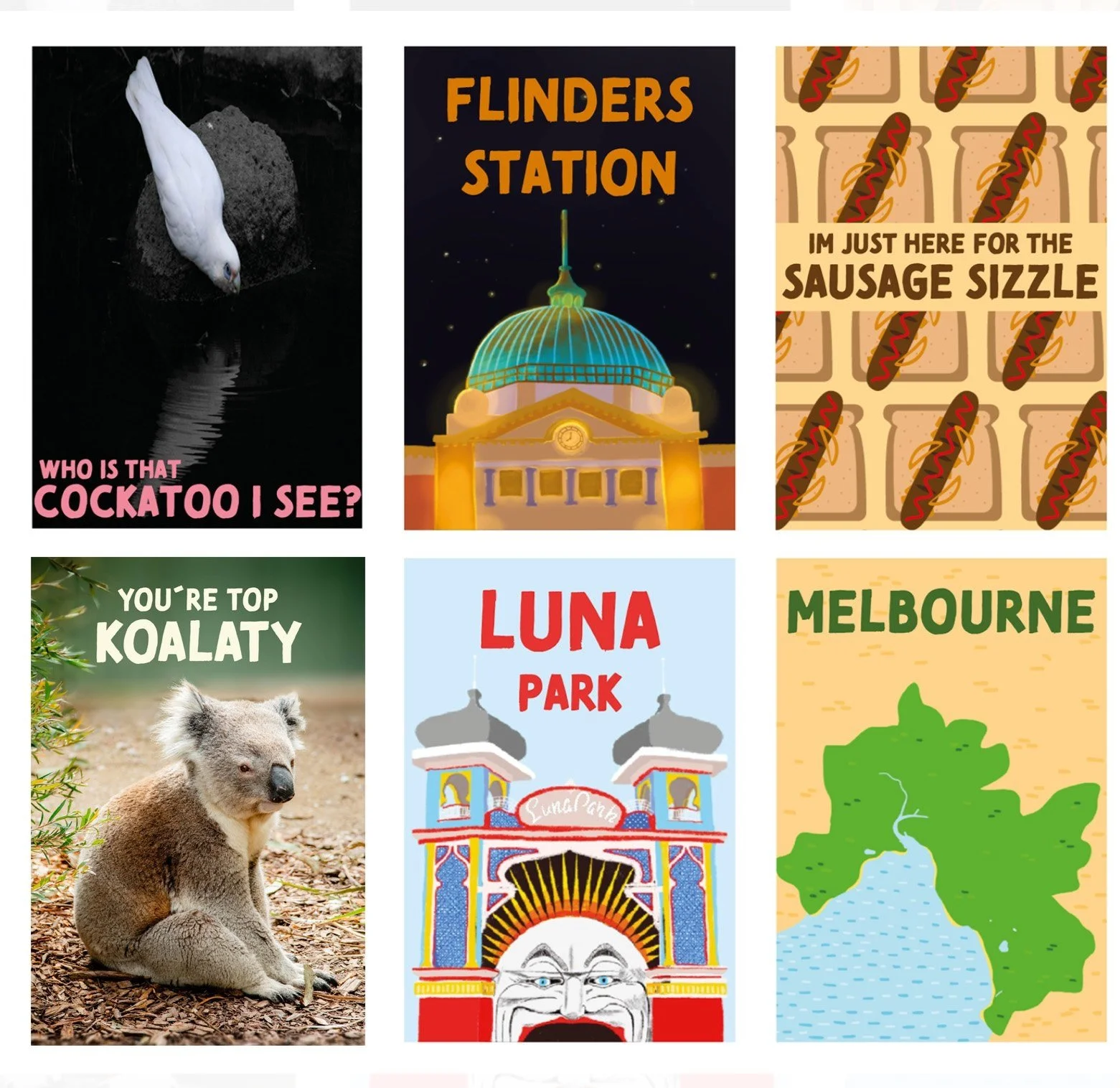 Et bilde med seks humoristiske og fargerike illustrasjoner av forskjellige steder og dyr i Melbourne, inkludert en eining av en kråke, en fornøyelsespark, en pølse i brød, en koala, Luna Park-innretningen av Grafisk designer Ronja Maria Falch.