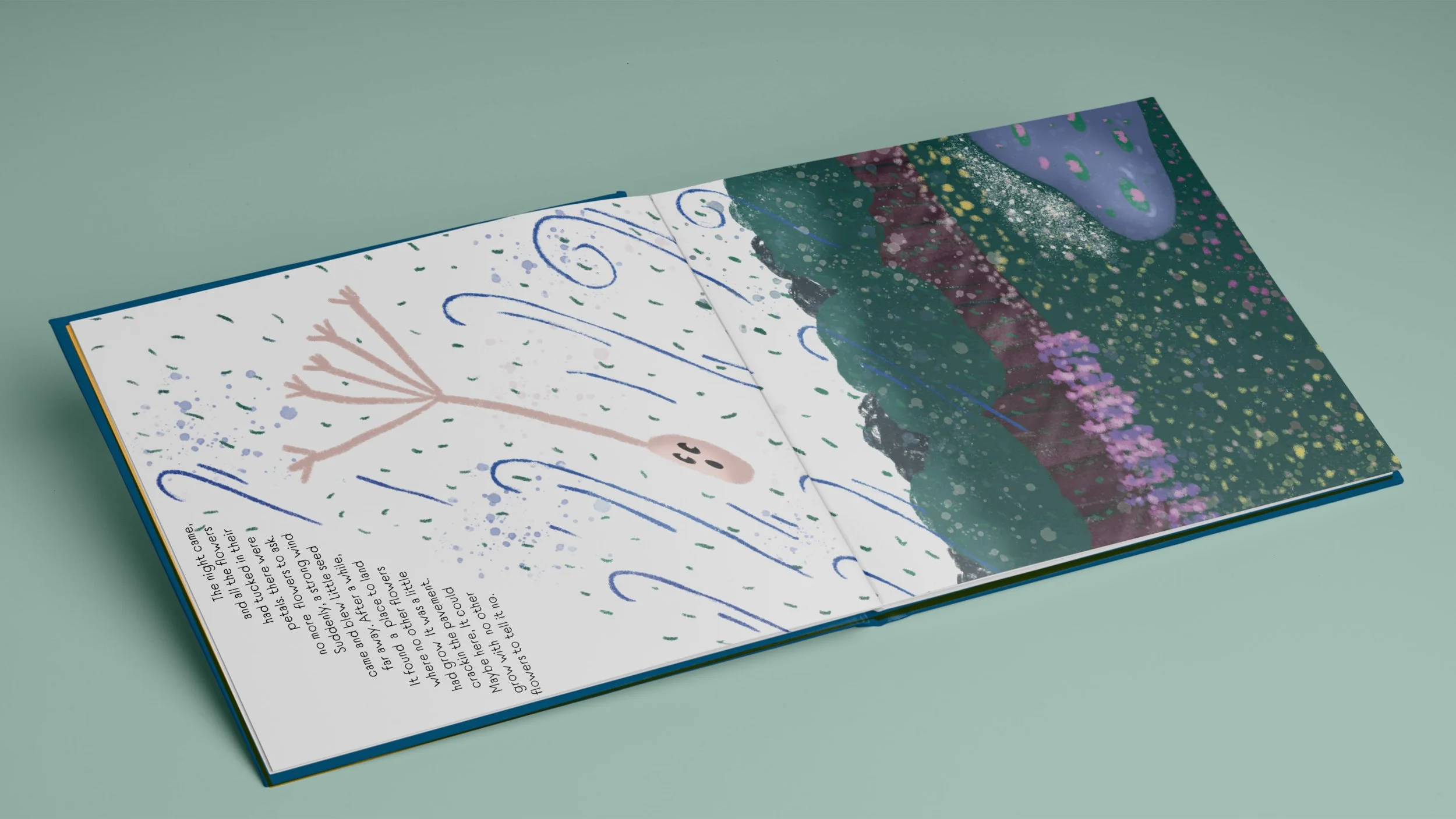 Åpen barnebok med illustrasjoner av trær, blomster og blomstrende landskap. Tekst er delvis synlig på venstre side. Skrevet og illustrert av Grafisk designer Ronja Maria Falch.