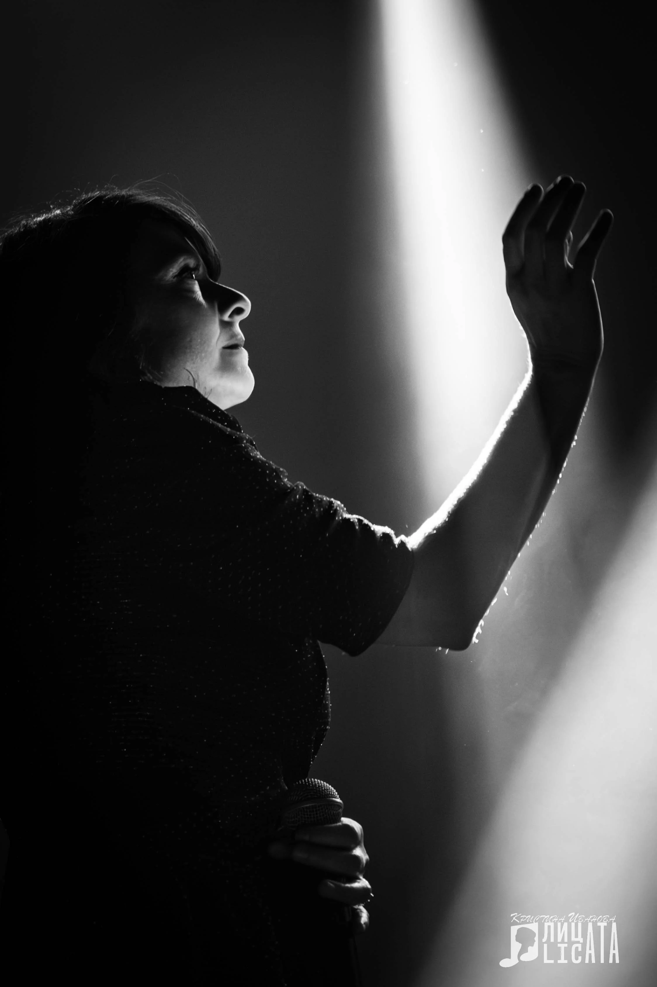 Nouvelle Vague French band on stage. A woman holding a microphone in her right hand, with her face illuminated by a spotlight in a dark setting.