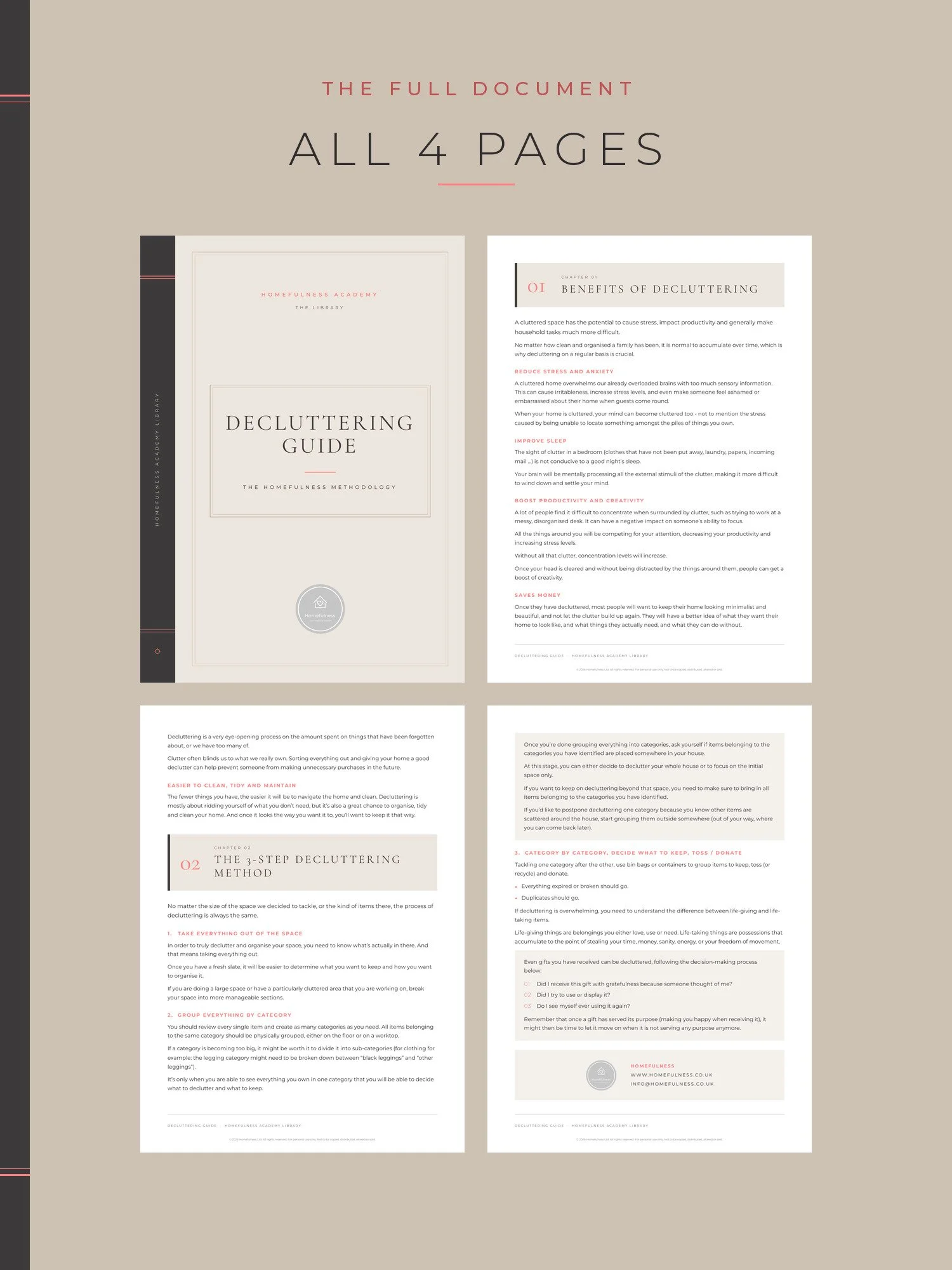 Overview of all 4 pages of the Decluttering Guide