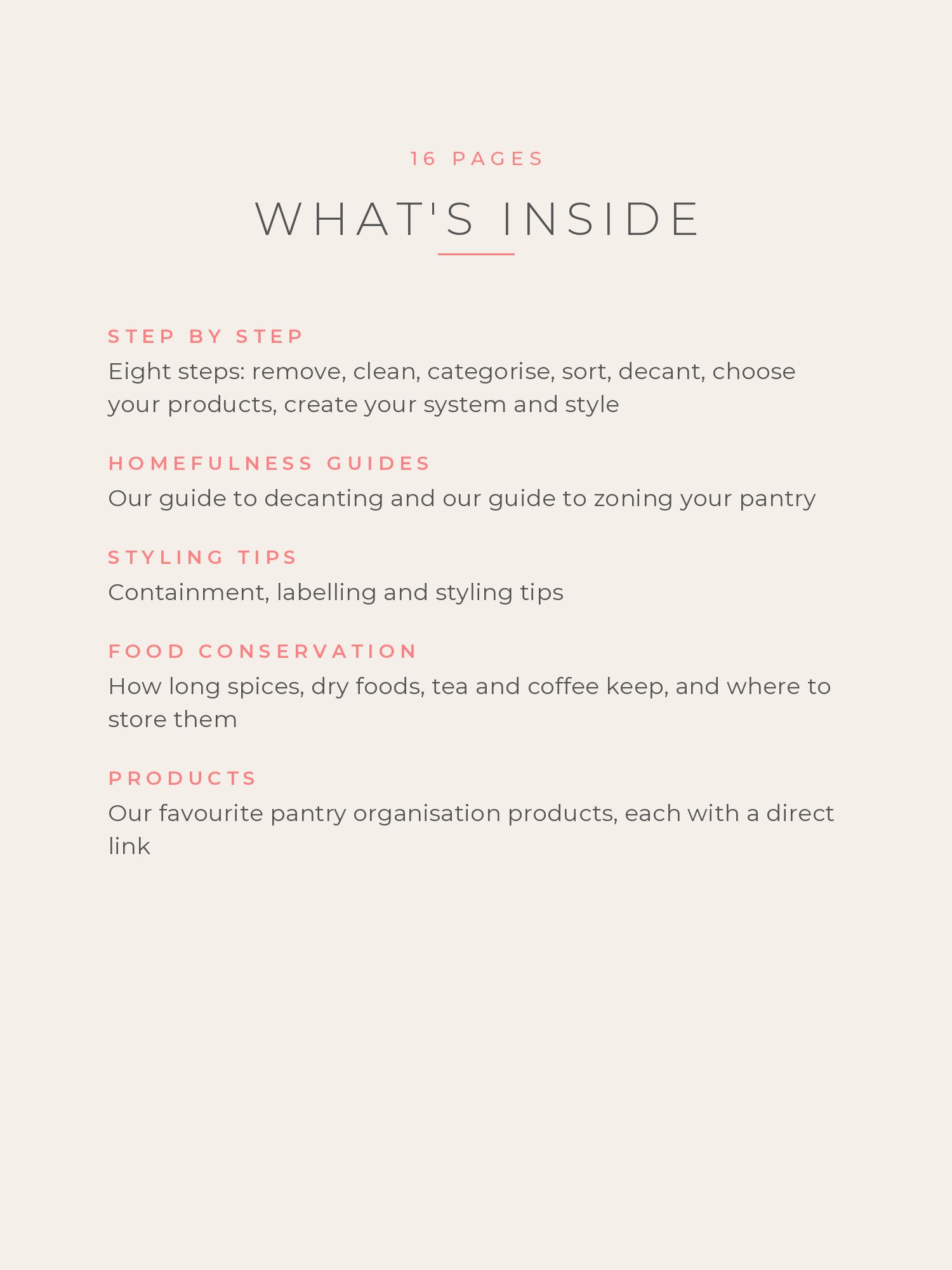 List of what is inside the 16-page pantry organisation guide
