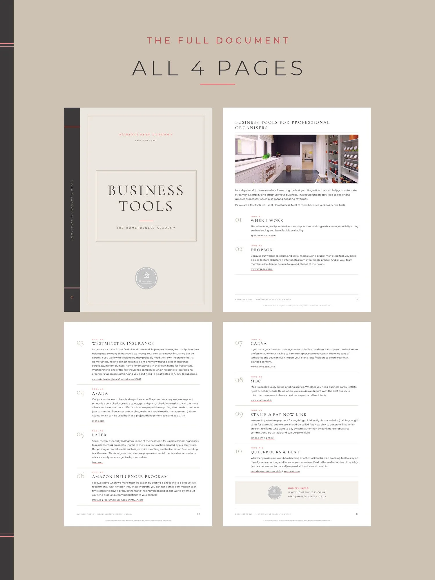 Overview of all 4 pages of Business Tools for Professional Organisers
