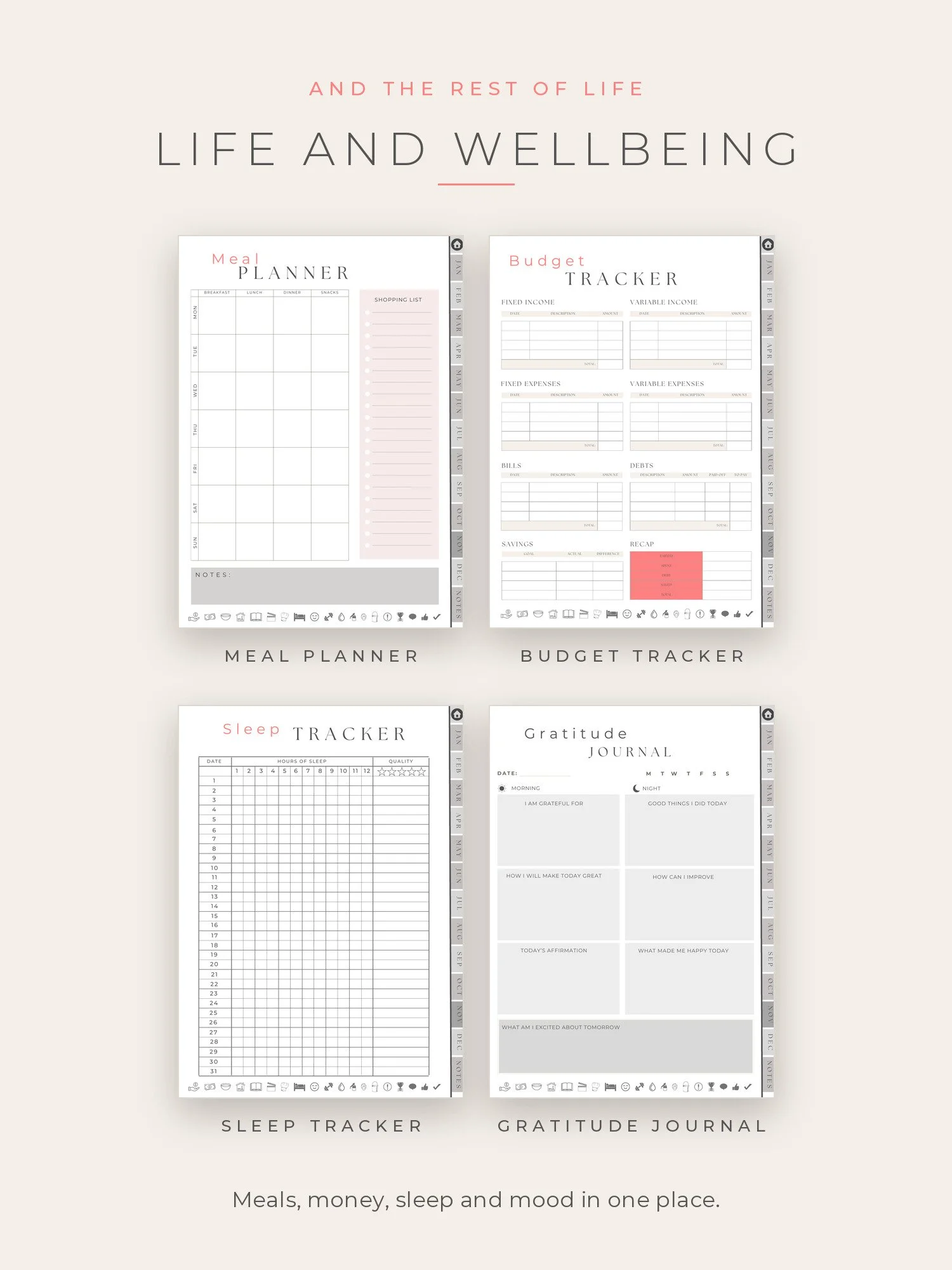 Meal planner, budget tracker, sleep tracker and gratitude journal pages from the digital planner