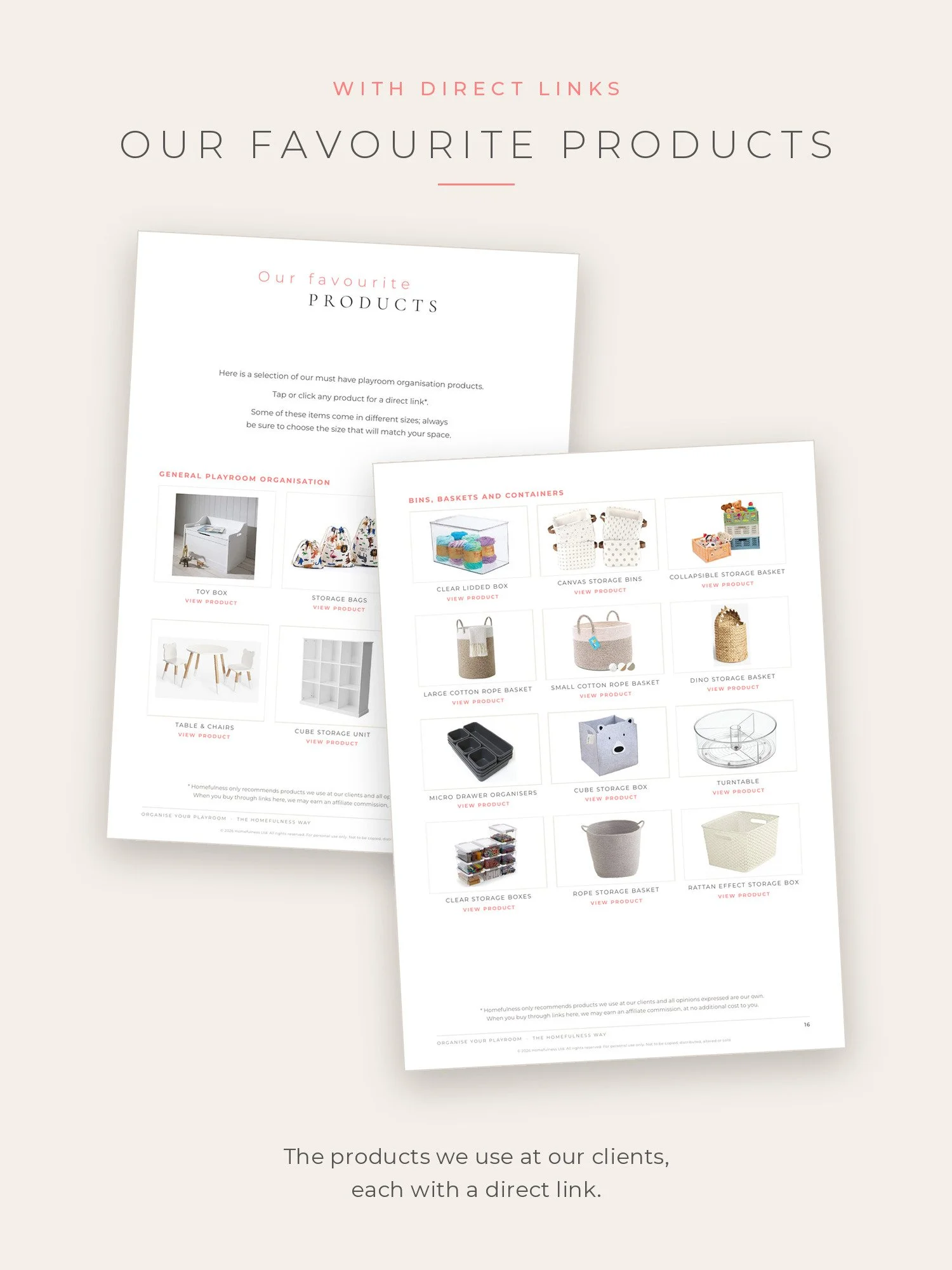 The two favourite products pages of the playroom guide, with a direct link for each product
