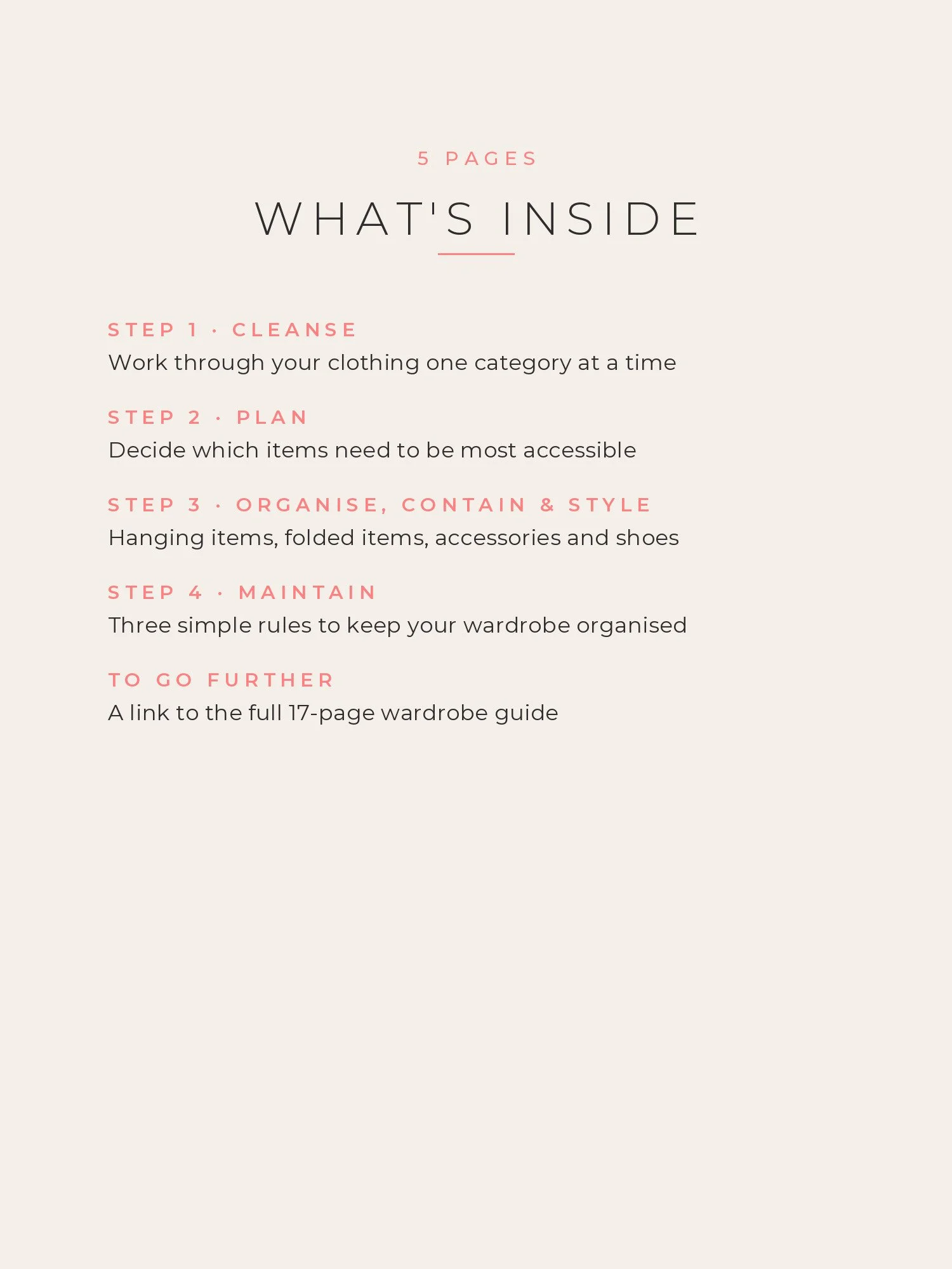 List of what is inside the Wardrobe Organisation Mini-Guide