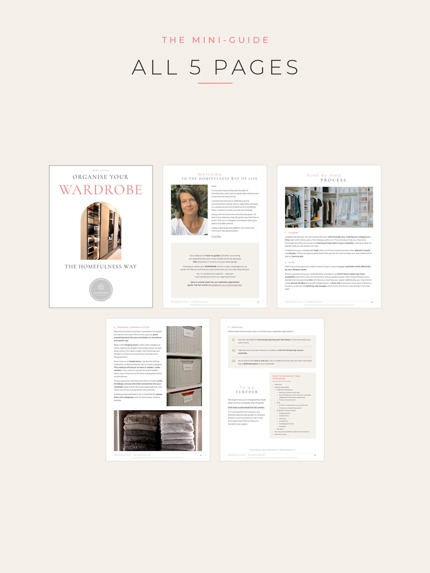Overview of all 5 pages of the Wardrobe Organisation Mini-Guide