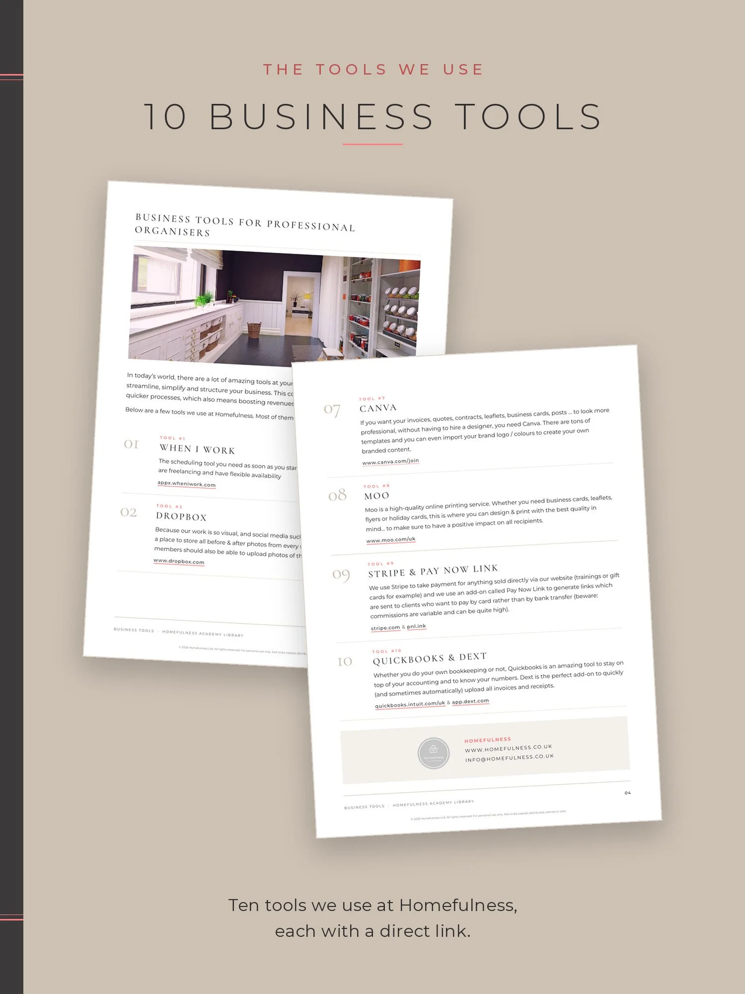 Two pages of Business Tools showing the ten tools Homefulness uses, each with a direct link