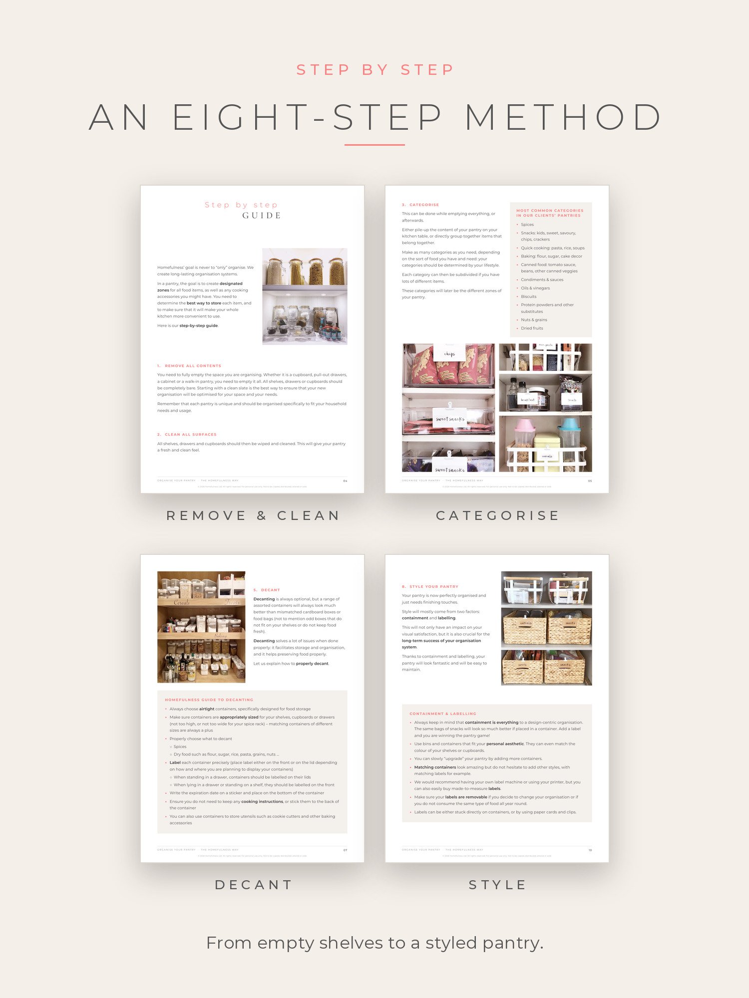 Four of the eight steps of the pantry guide: remove and clean, categorise, decant, style