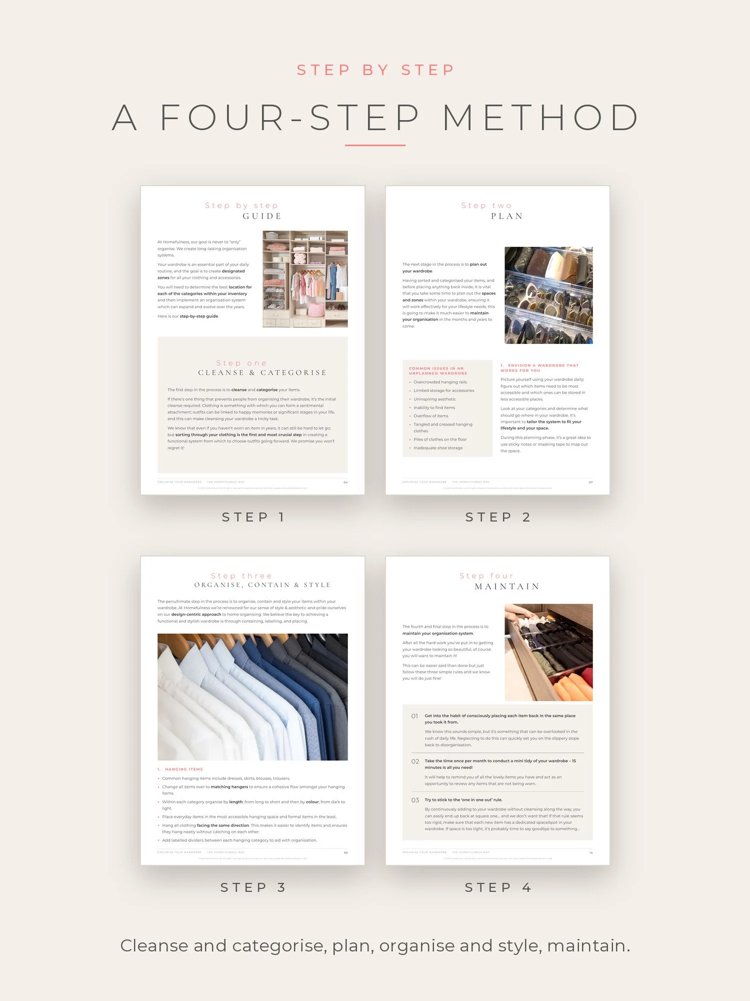 The four steps of the wardrobe guide: cleanse and categorise, plan, organise, contain and style, maintain