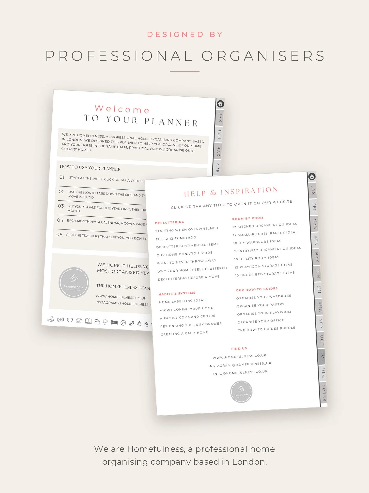 Welcome page and Help and Inspiration page of the digital planner, designed by Homefulness professional organisers