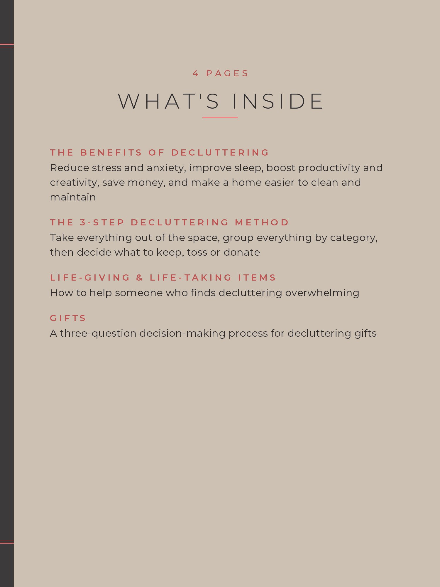 List of what is inside the Decluttering Guide