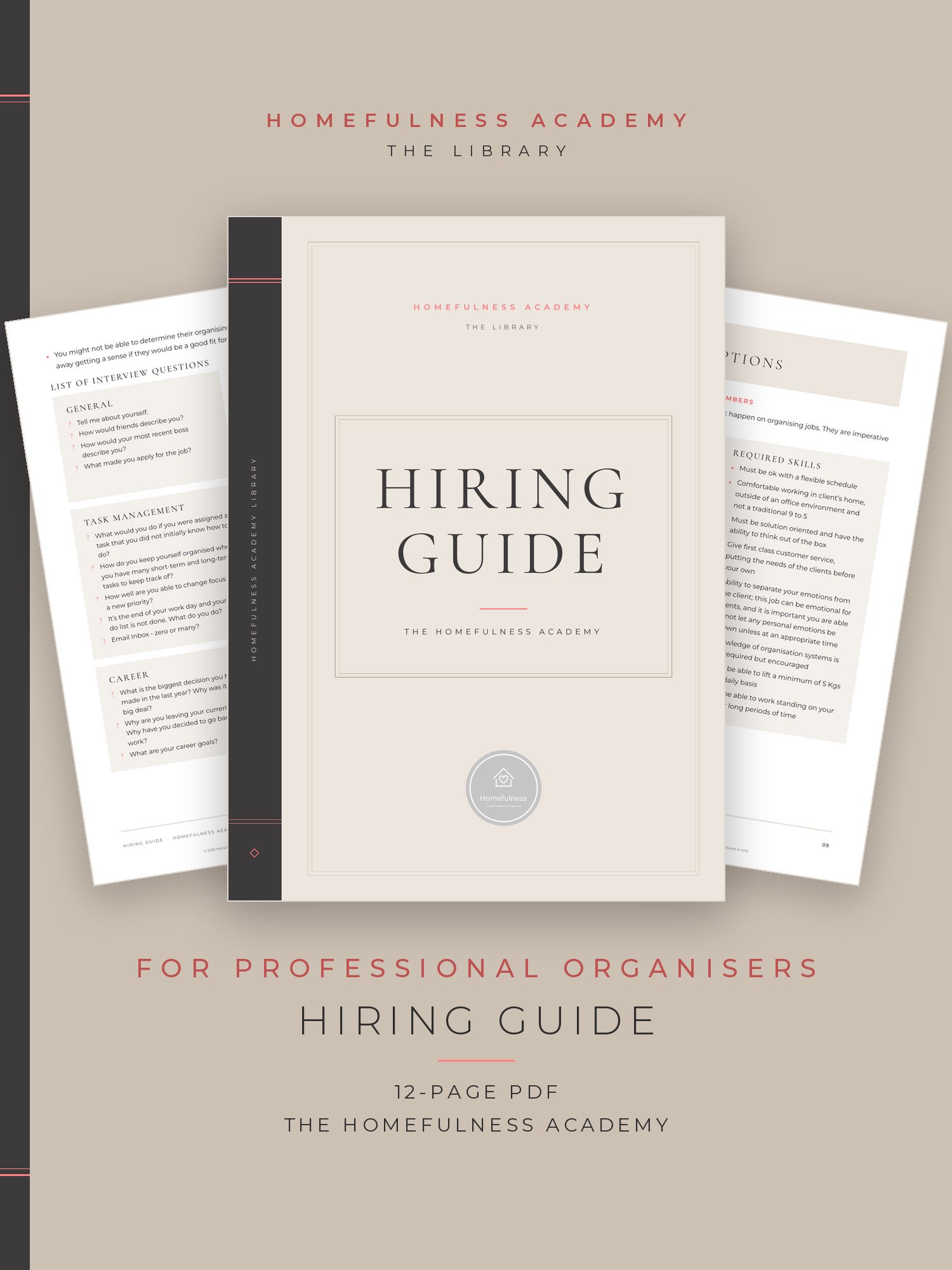 Cover of the Hiring Guide, a 12-page PDF from the Homefulness Academy Library, with two pages behind it