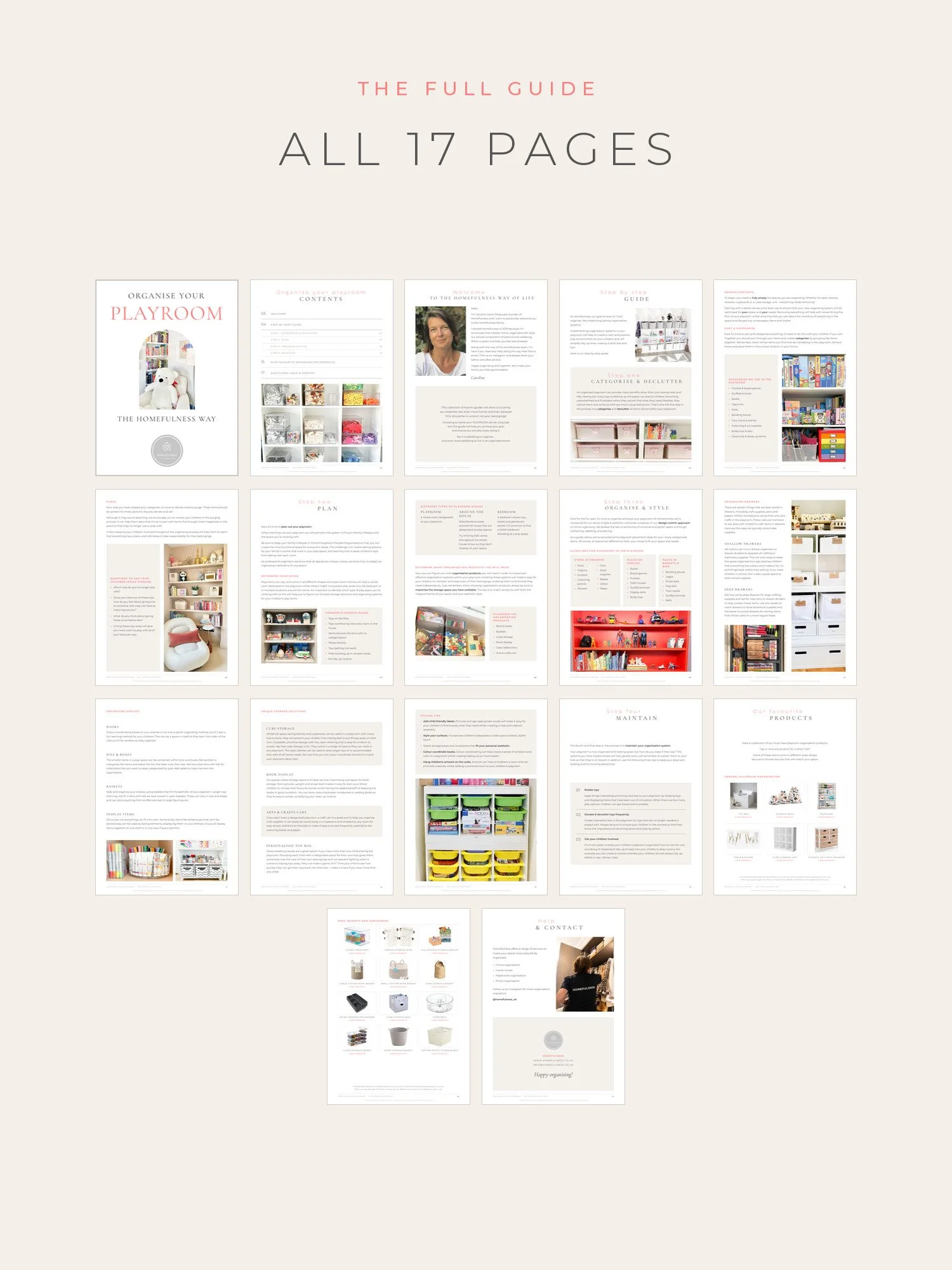 Overview of all 17 pages of Organise Your Playroom the Homefulness Way