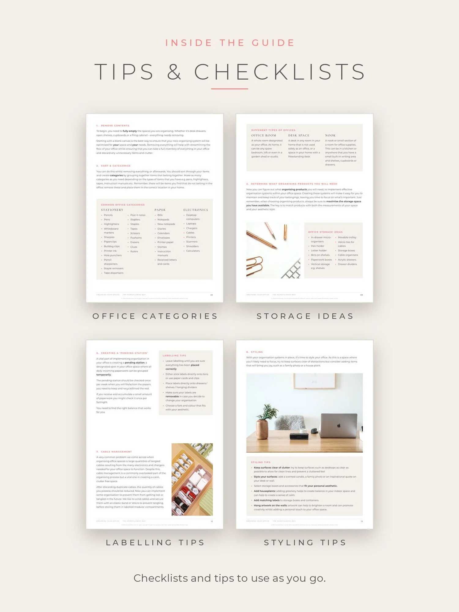 Pages from the office guide with checklists and tips