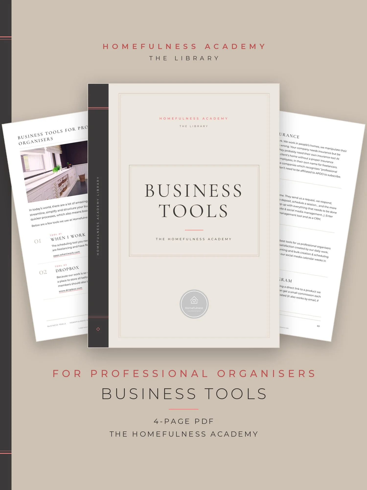 Cover of Business Tools for Professional Organisers, a 4-page PDF from the Homefulness Academy Library, with two pages behind it
