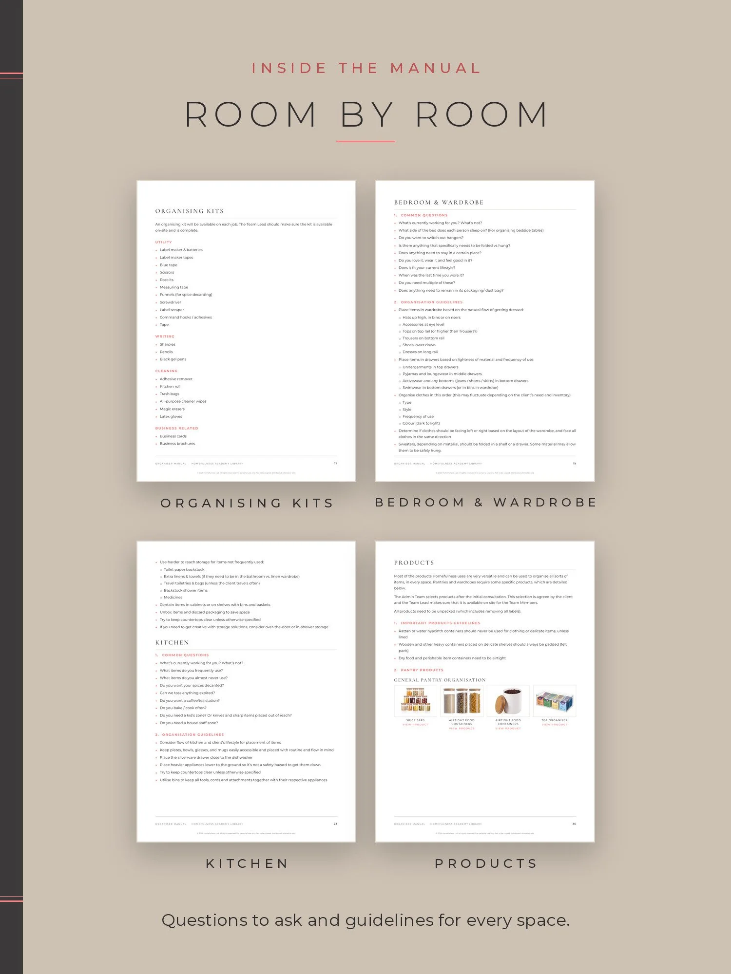 Pages of the Organiser Manual: organising kits, bedroom and wardrobe, kitchen, products