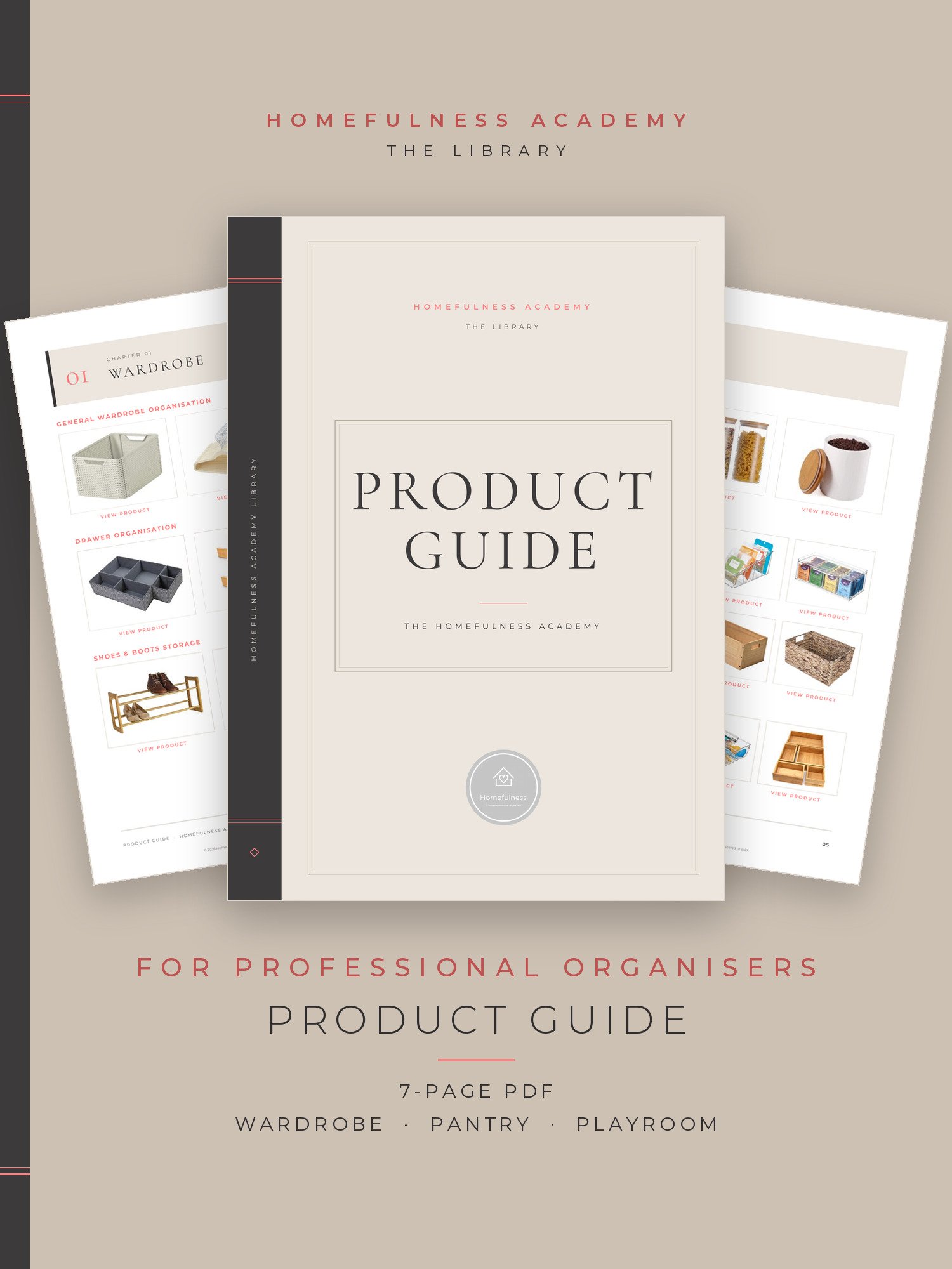 Cover of the Product Guide, a 7-page PDF from the Homefulness Academy Library, with two pages of products behind it