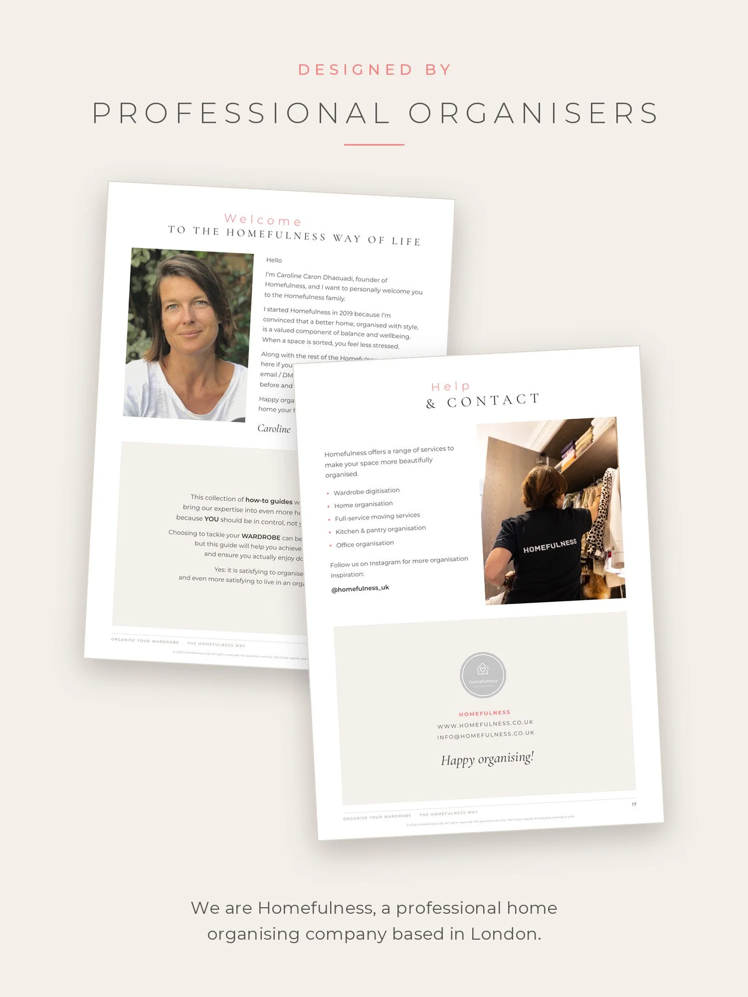Welcome page and Help and contact page of the wardrobe guide, designed by Homefulness professional organisers