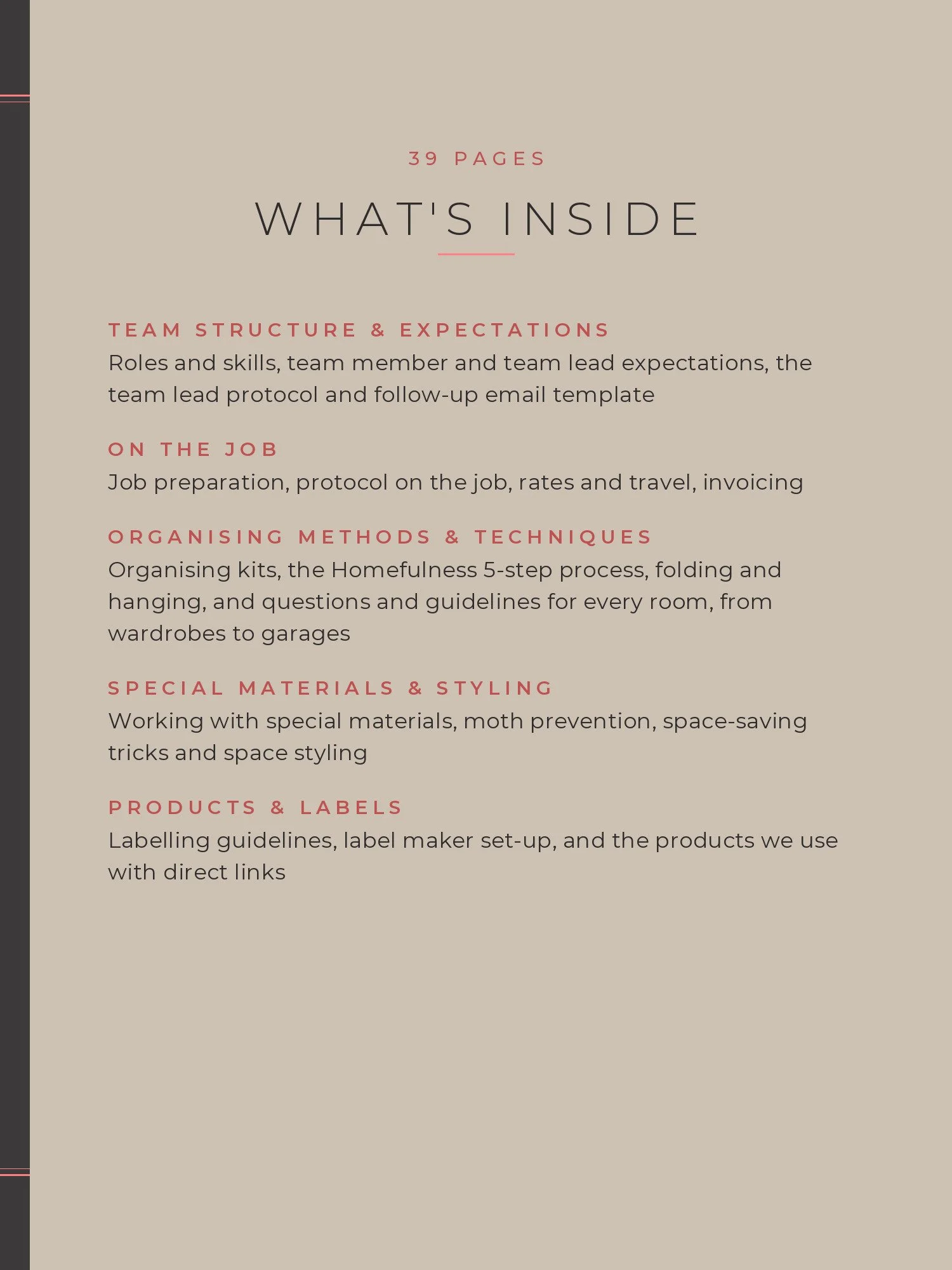 List of what is inside the Organiser Manual
