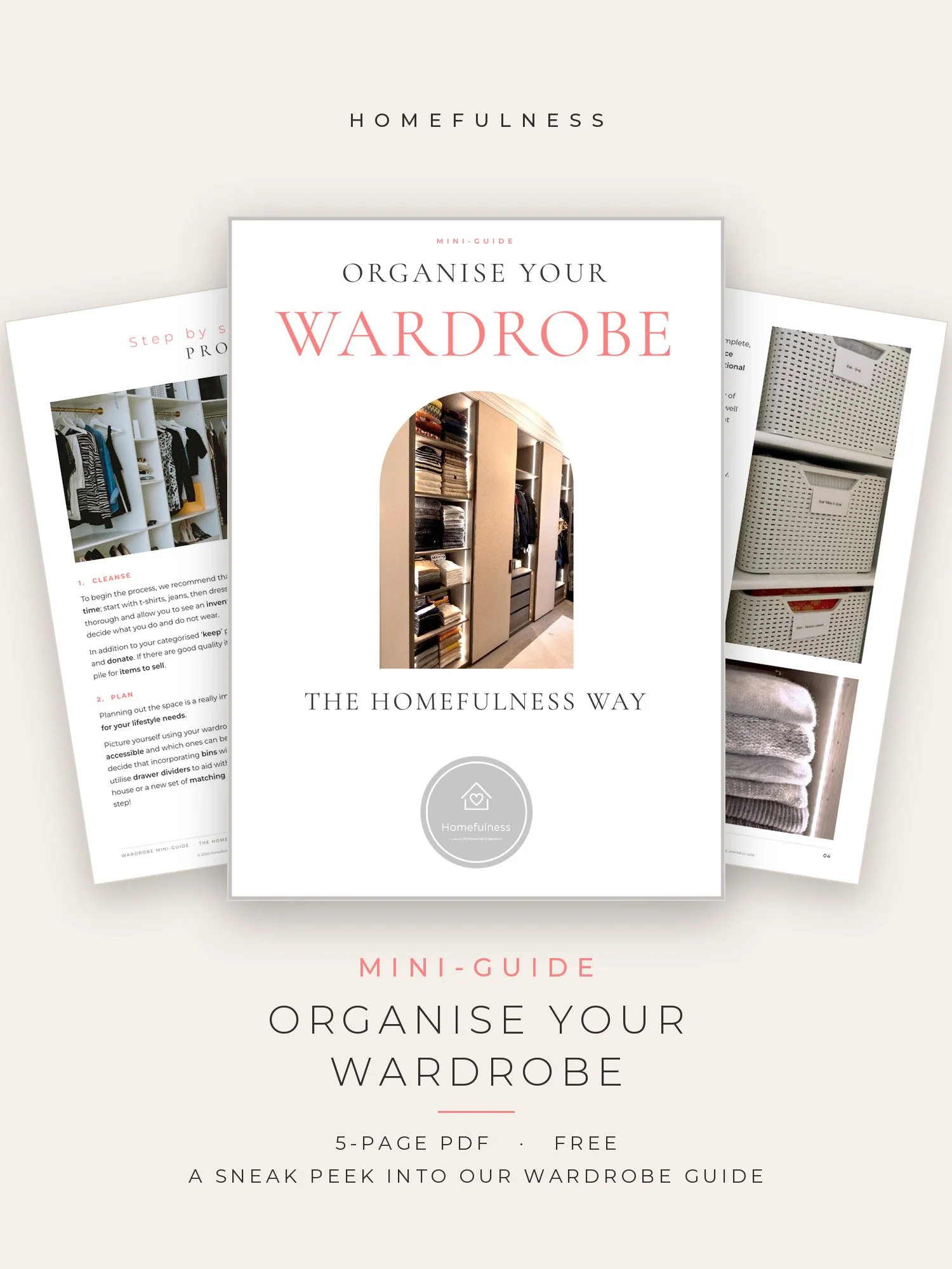 Cover of the Wardrobe Organisation Mini-Guide, a free 5-page PDF, with two pages behind it