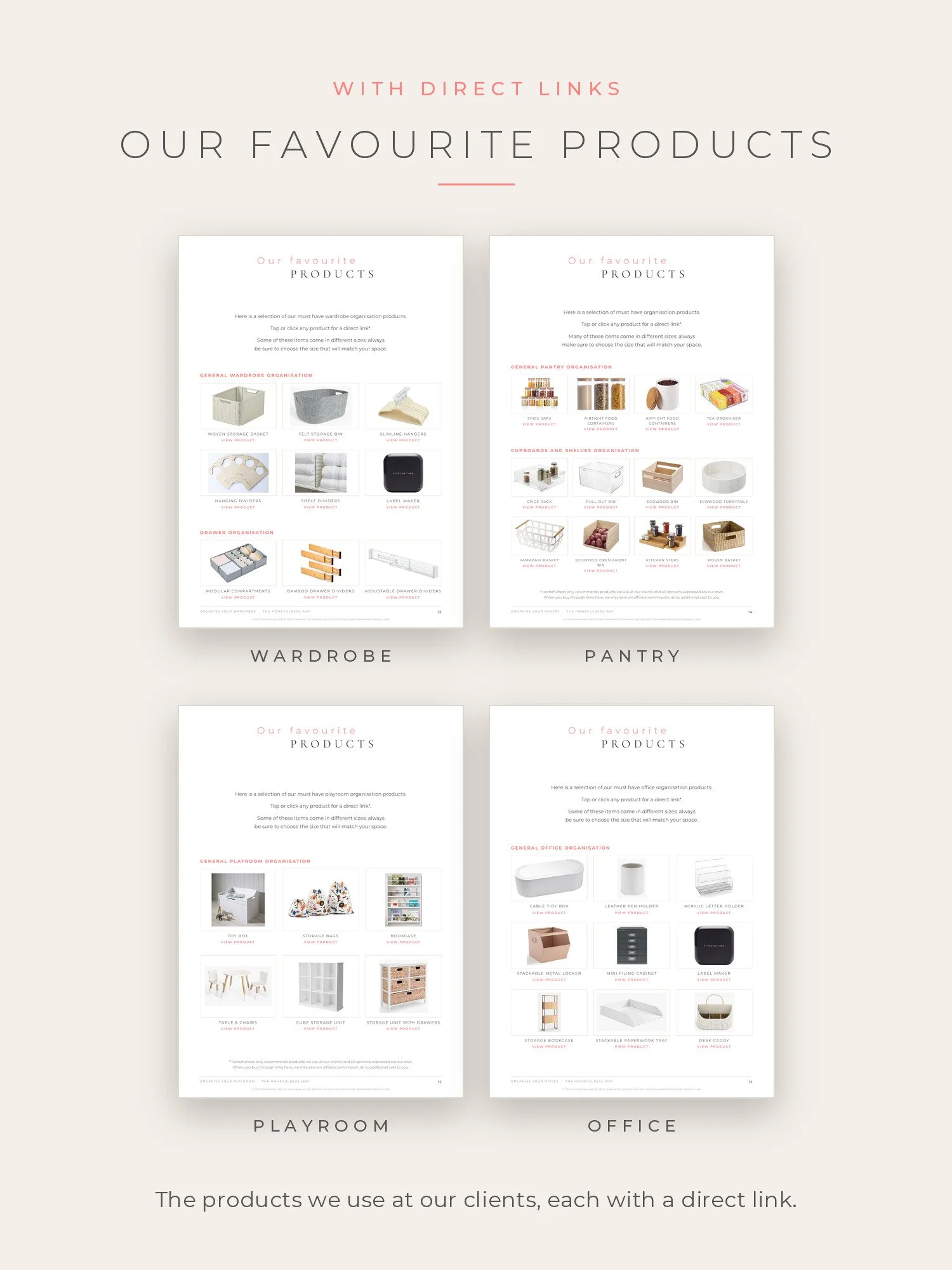 Favourite products pages from the wardrobe, pantry, playroom and office guides