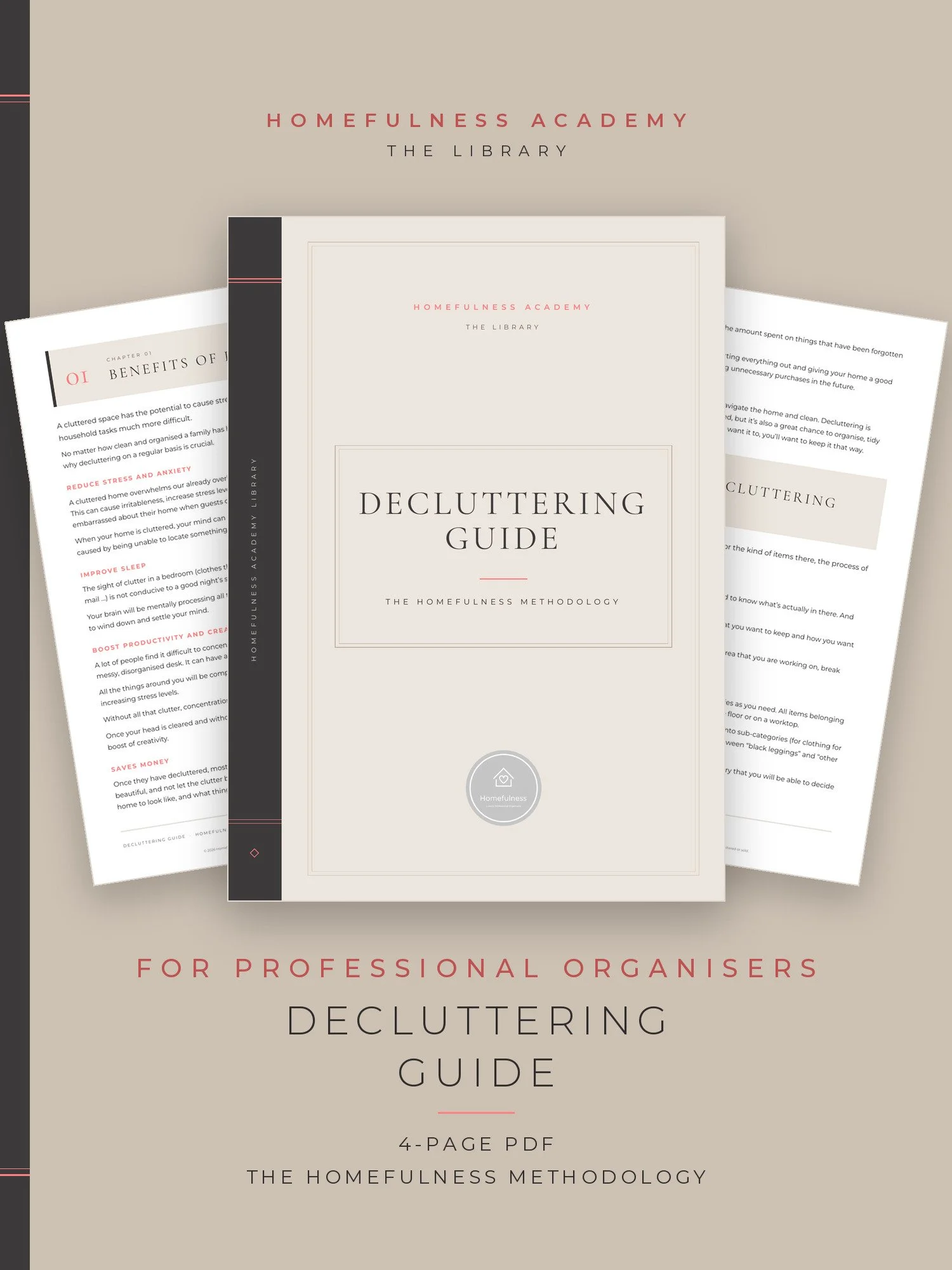 Cover of the Decluttering Guide, a 4-page PDF from the Homefulness Academy Library, with two pages behind it