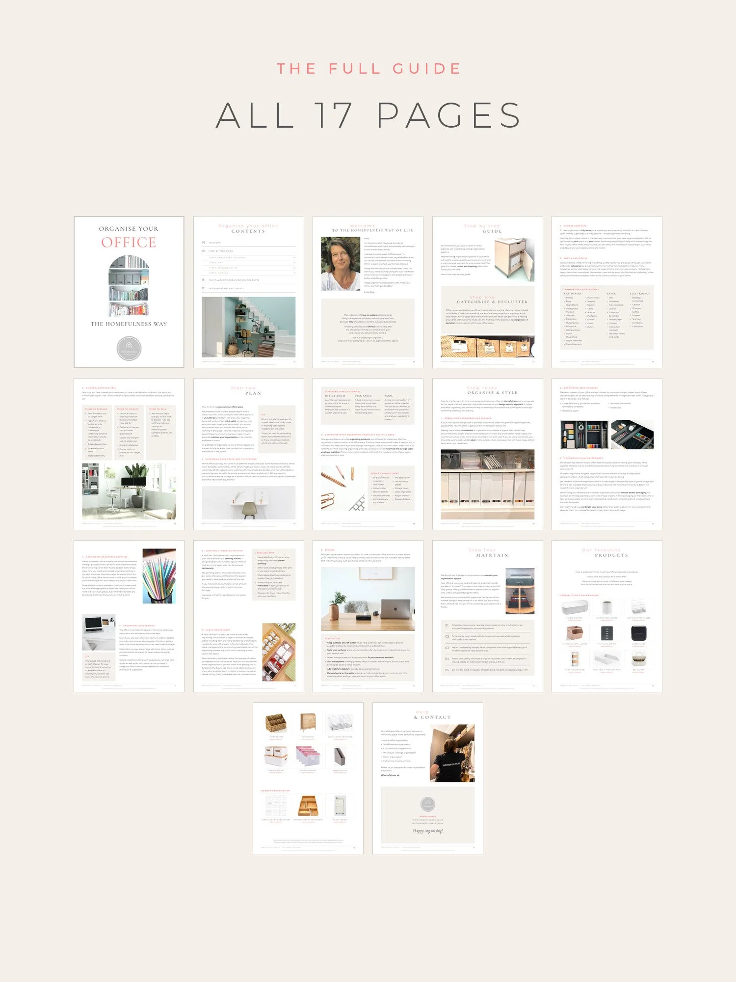 Overview of all 17 pages of Organise Your Office the Homefulness Way