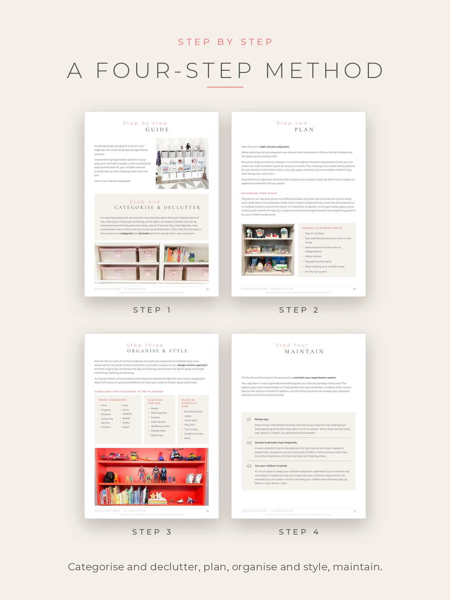 The four steps of the playroom guide: categorise and declutter, plan, organise and style, maintain