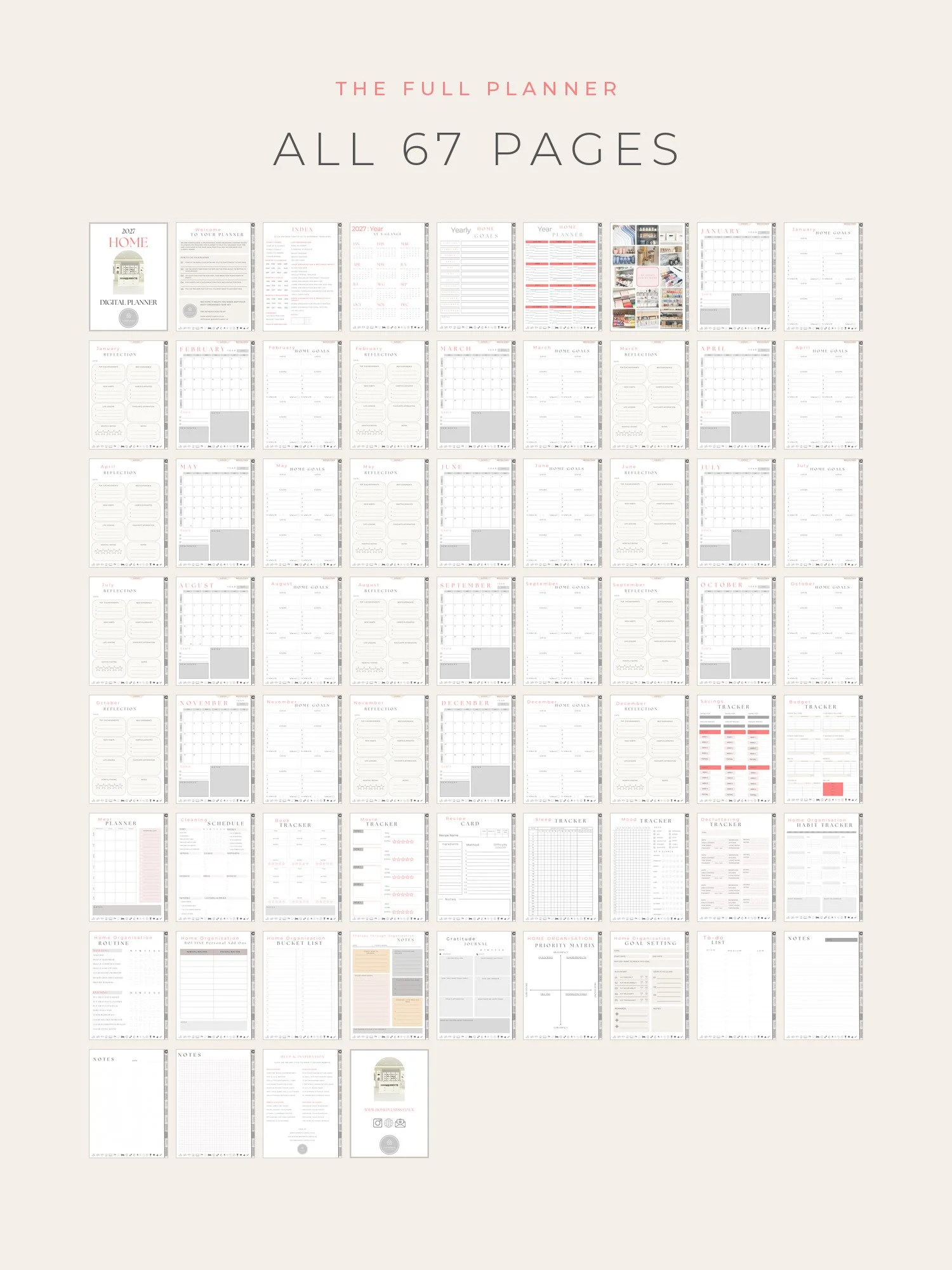 Overview of all 67 pages of the 2027 Home Organisation Digital Planner