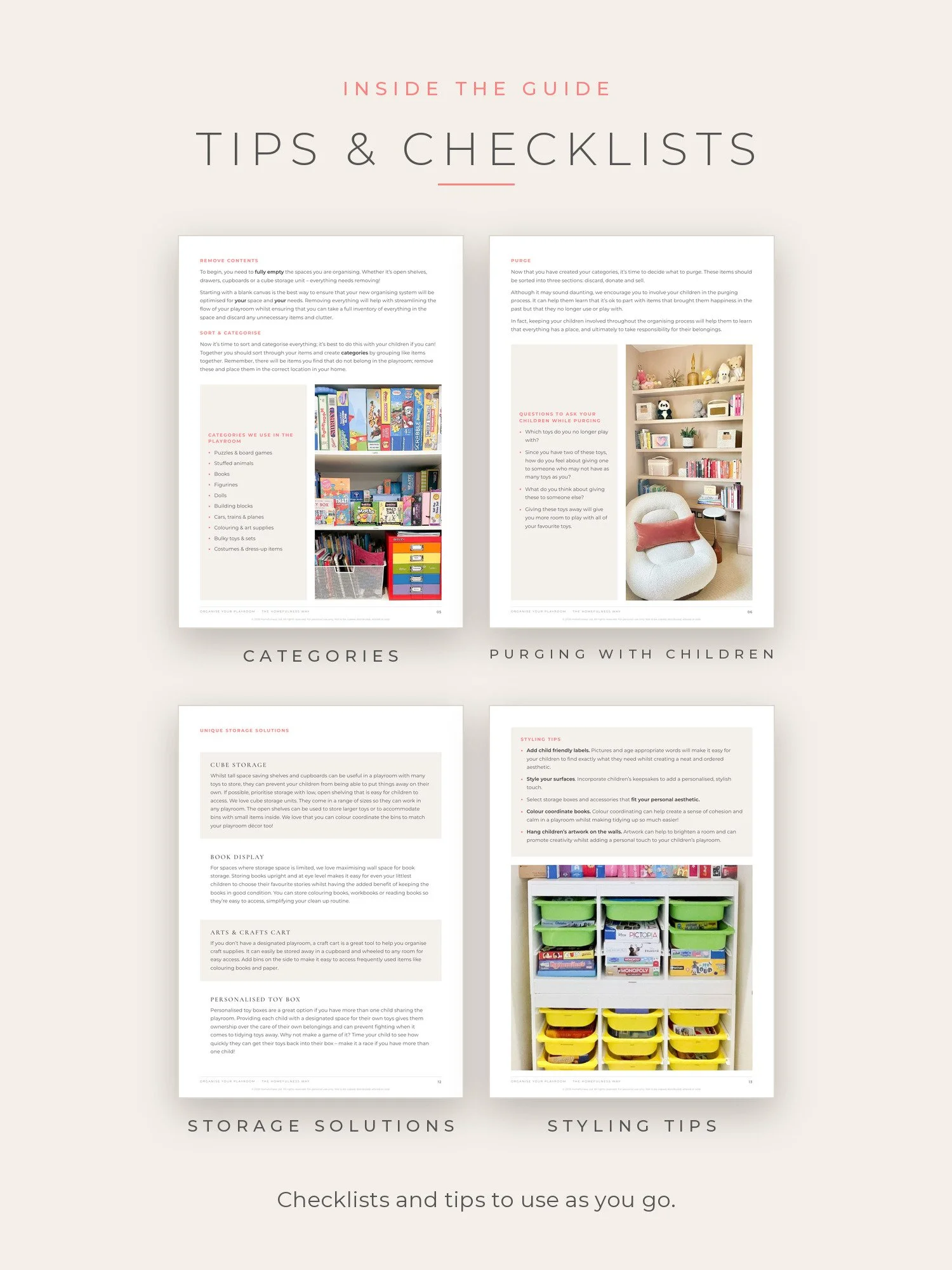 Pages from the playroom guide with checklists and tips