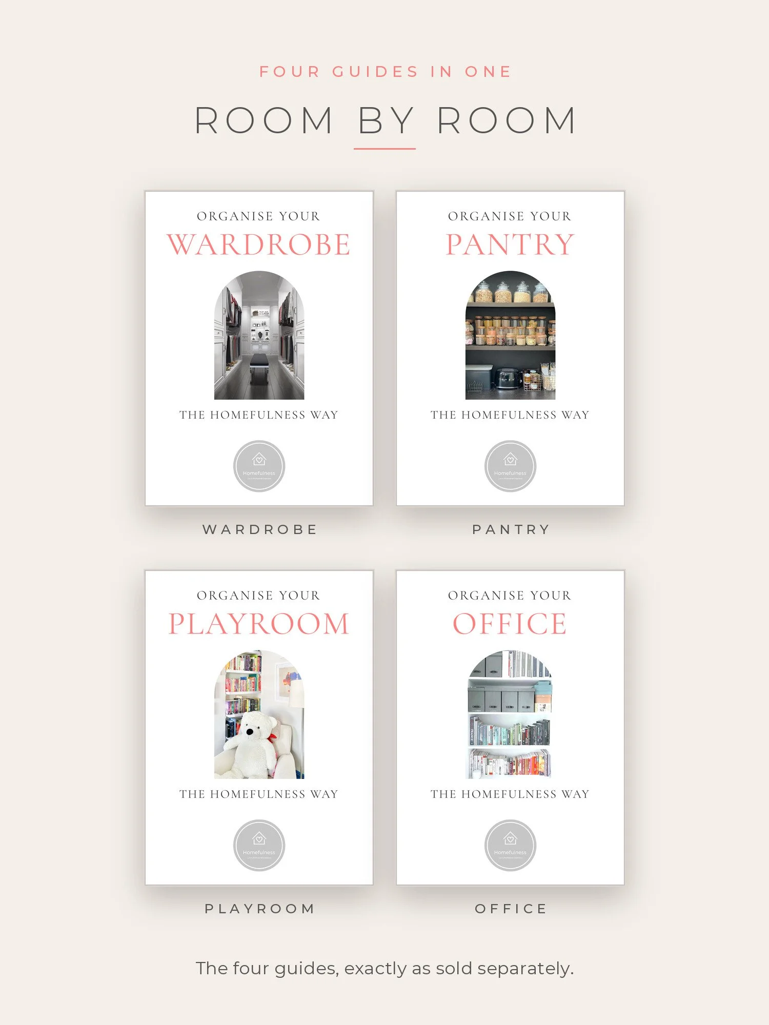 Covers of the four guides in the bundle: wardrobe, pantry, playroom and office