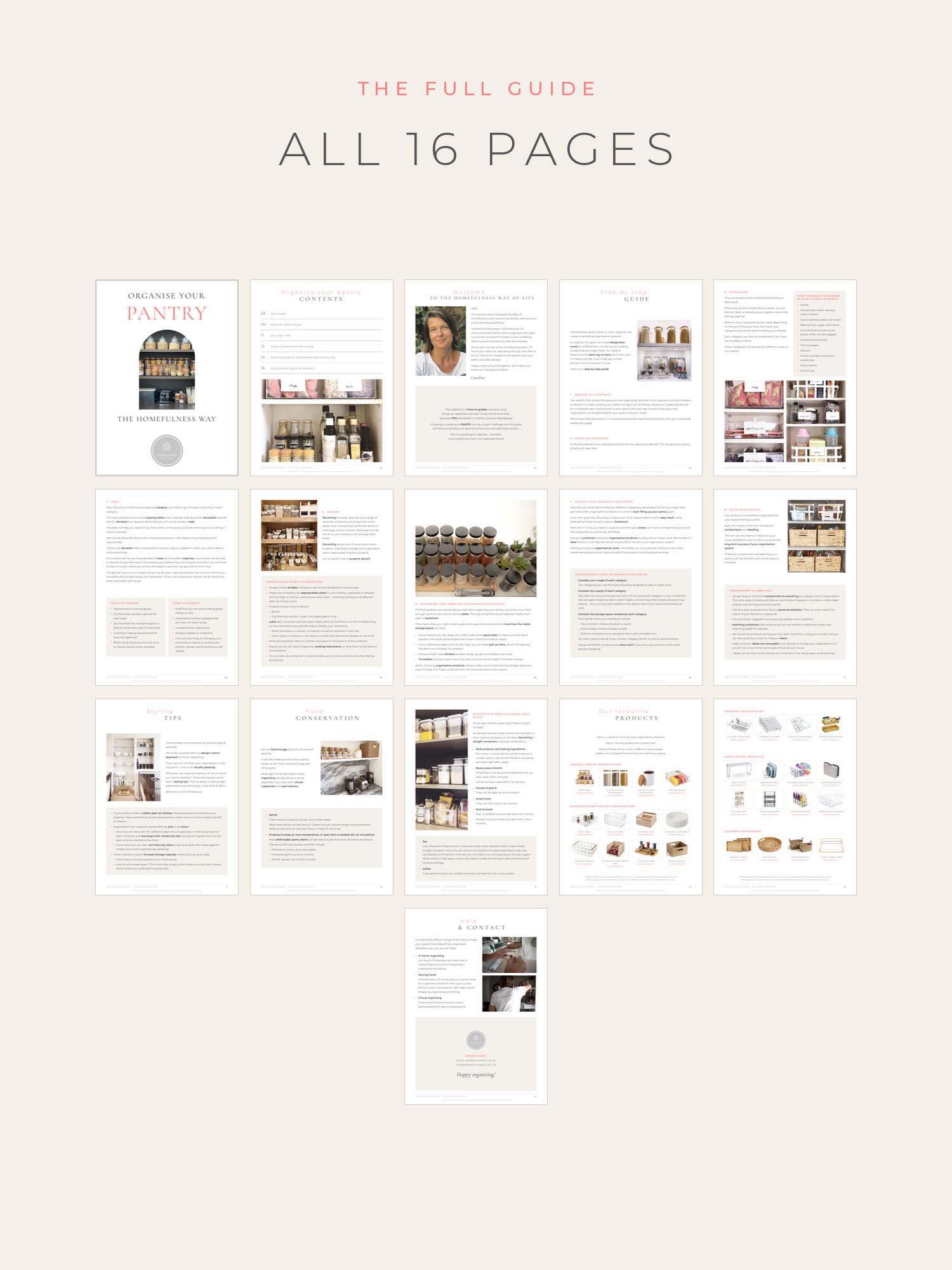 Overview of all 16 pages of Organise Your Pantry the Homefulness Way