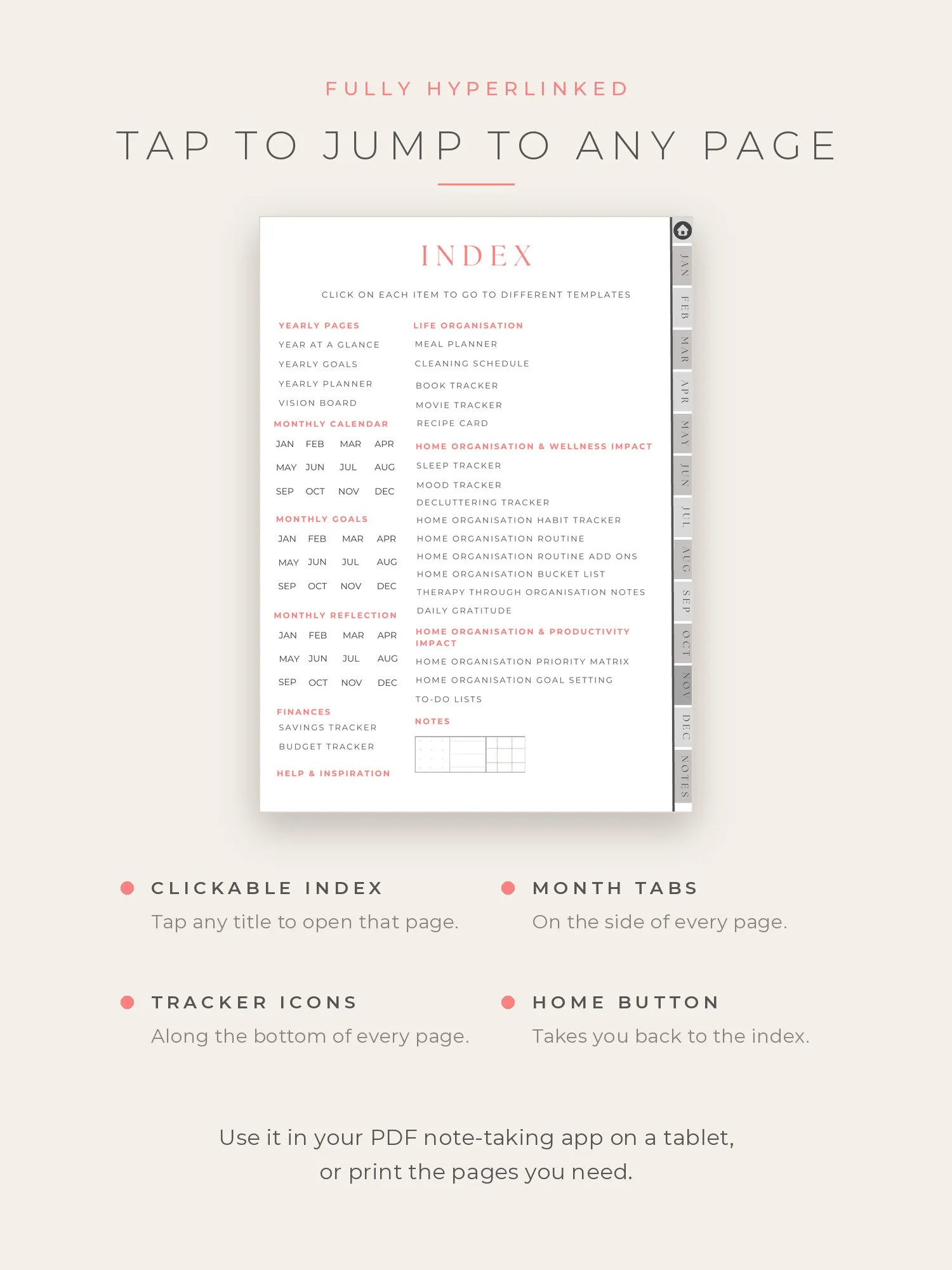 Clickable index page of the hyperlinked digital planner PDF, with month tabs and tracker icons