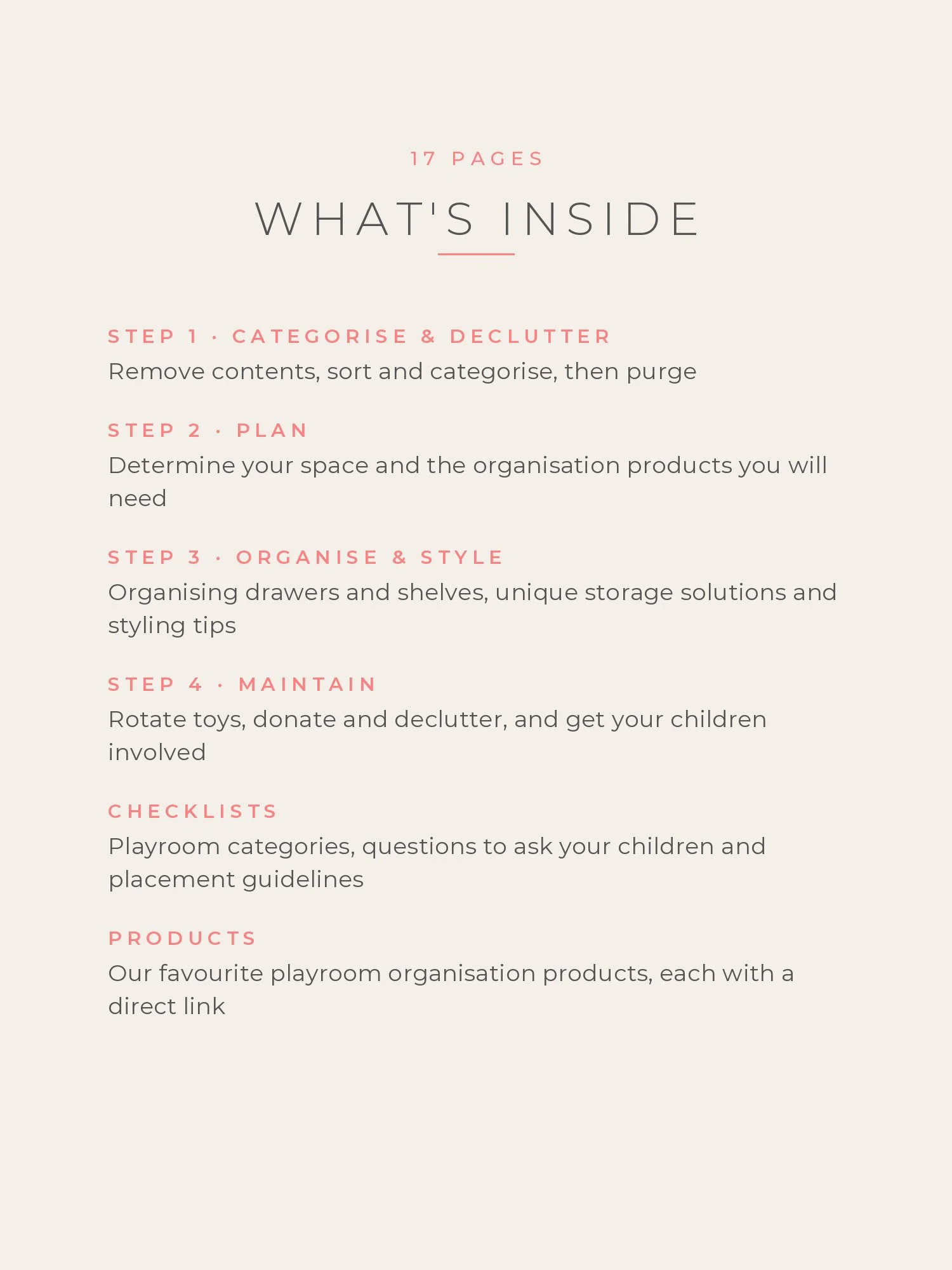 List of what is inside the 17-page playroom organisation guide