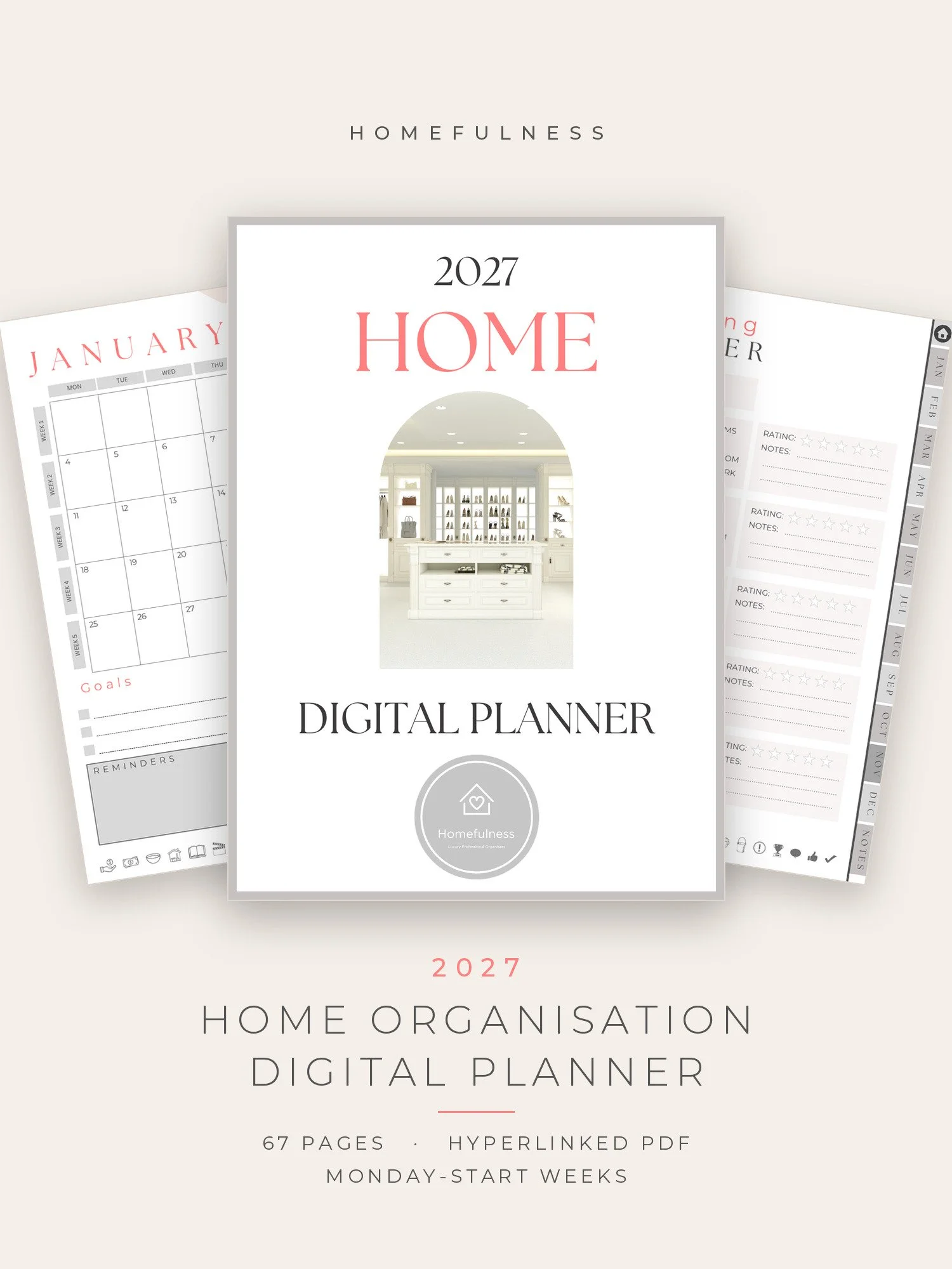 Cover of the 2027 Homefulness Home Organisation Digital Planner with the January calendar and decluttering tracker pages behind it