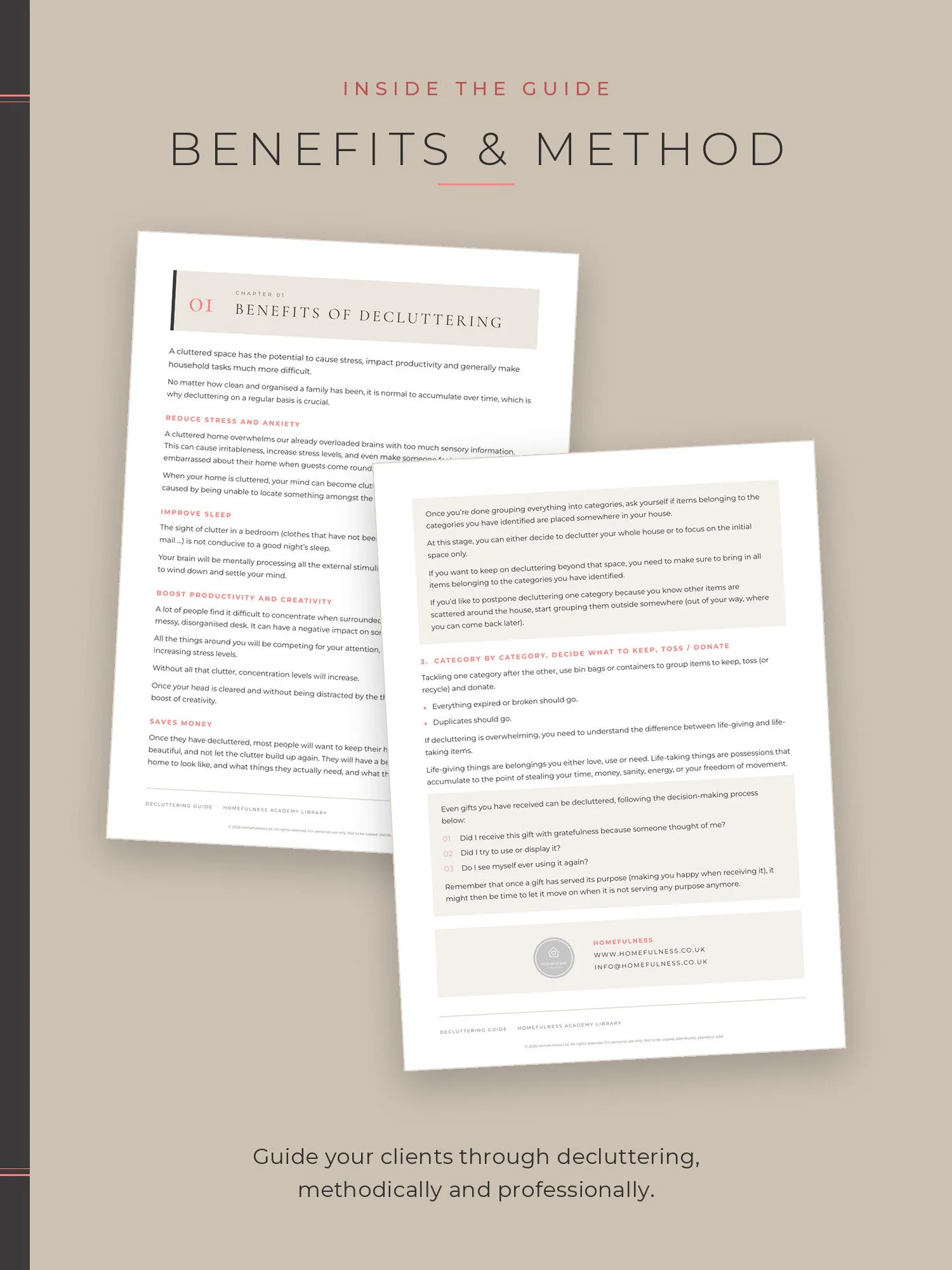 Two pages of the Decluttering Guide: the benefits of decluttering and the 3-step method
