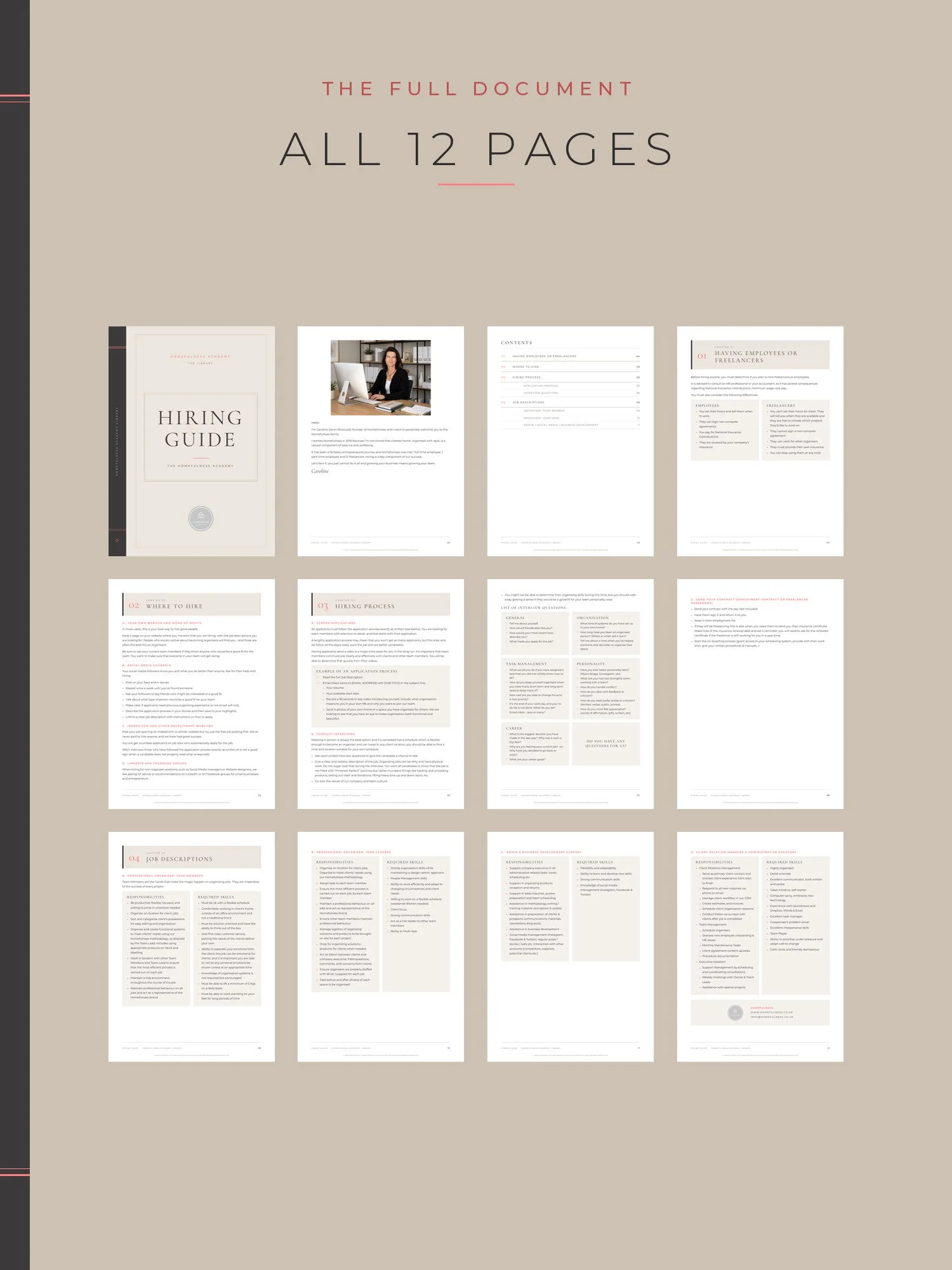 Overview of all 12 pages of the Hiring Guide