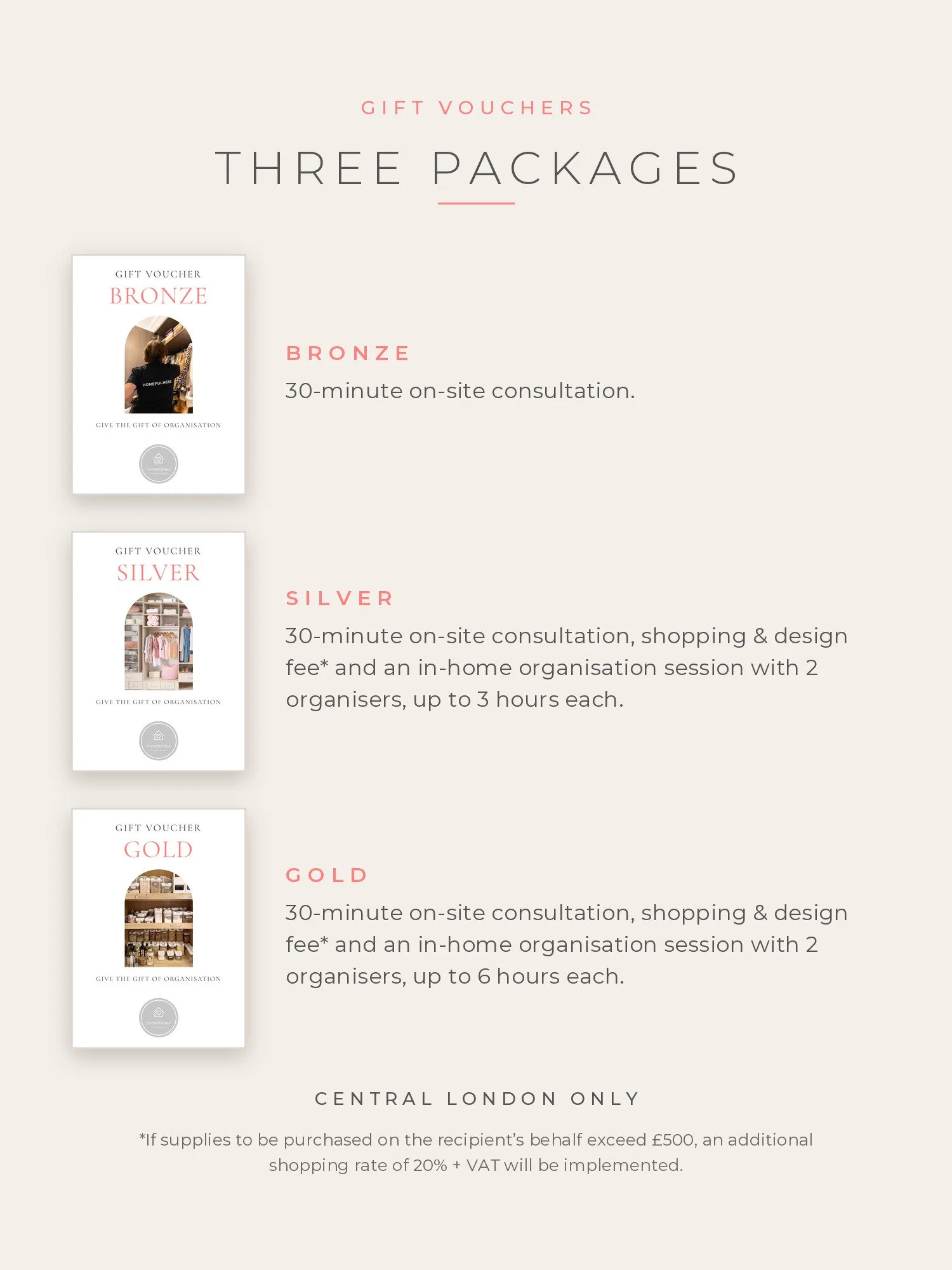 The three Homefulness gift voucher packages compared: Bronze, Silver and Gold