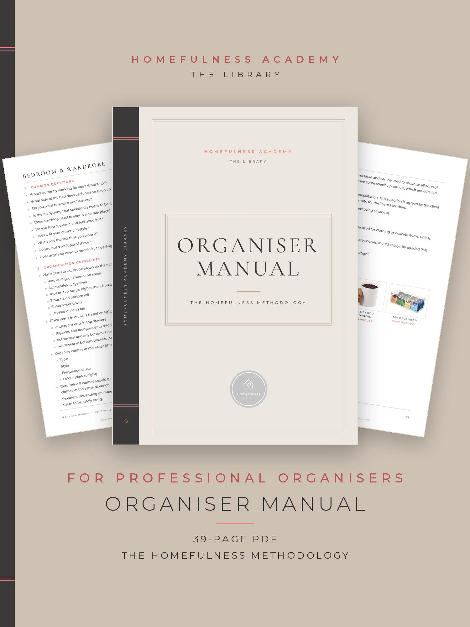 Cover of the Organiser Manual, a 39-page PDF from the Homefulness Academy Library, with two pages behind it